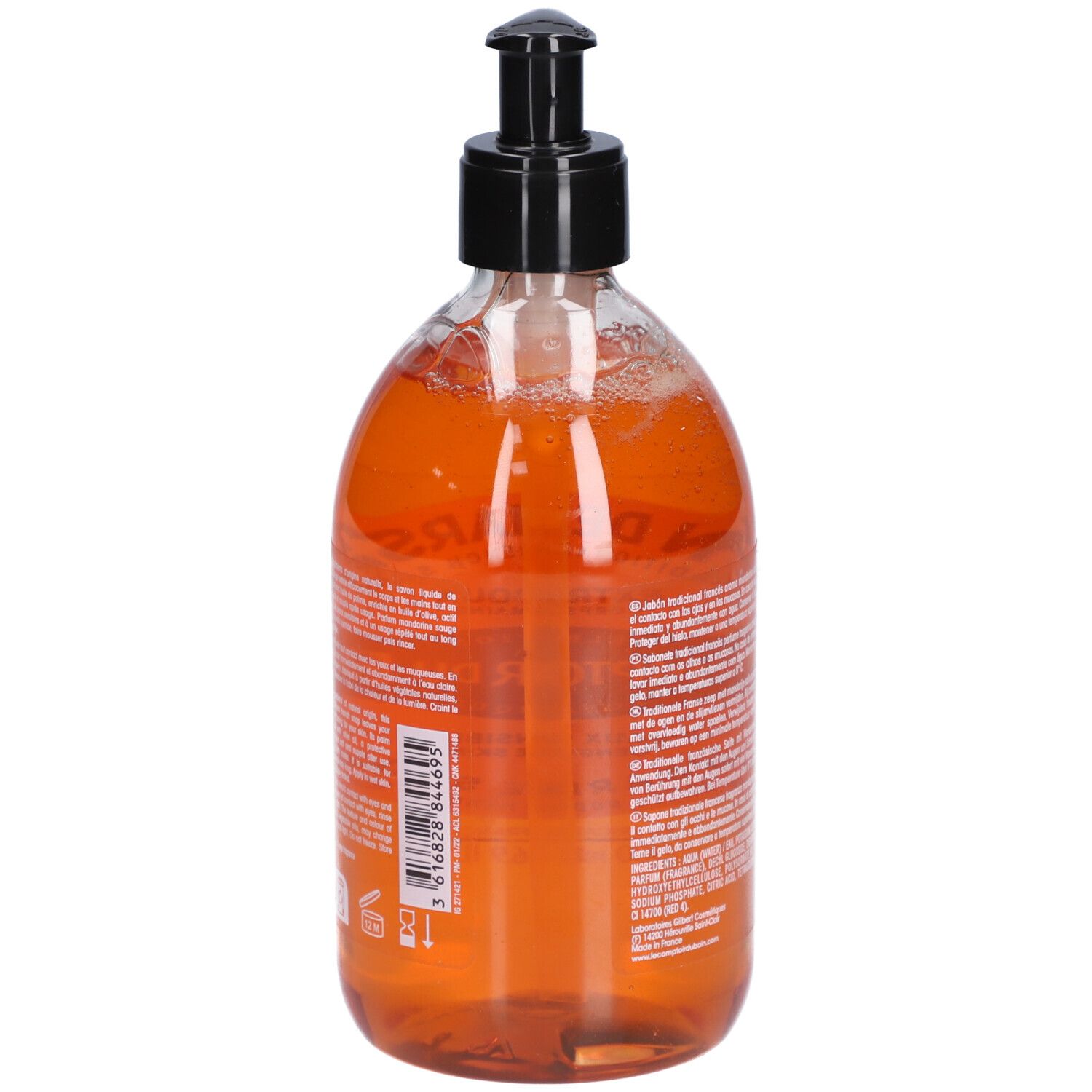 Orange Flüssigseife in durchsichtiger Pum P-Flasche mit schwarzem Spender.