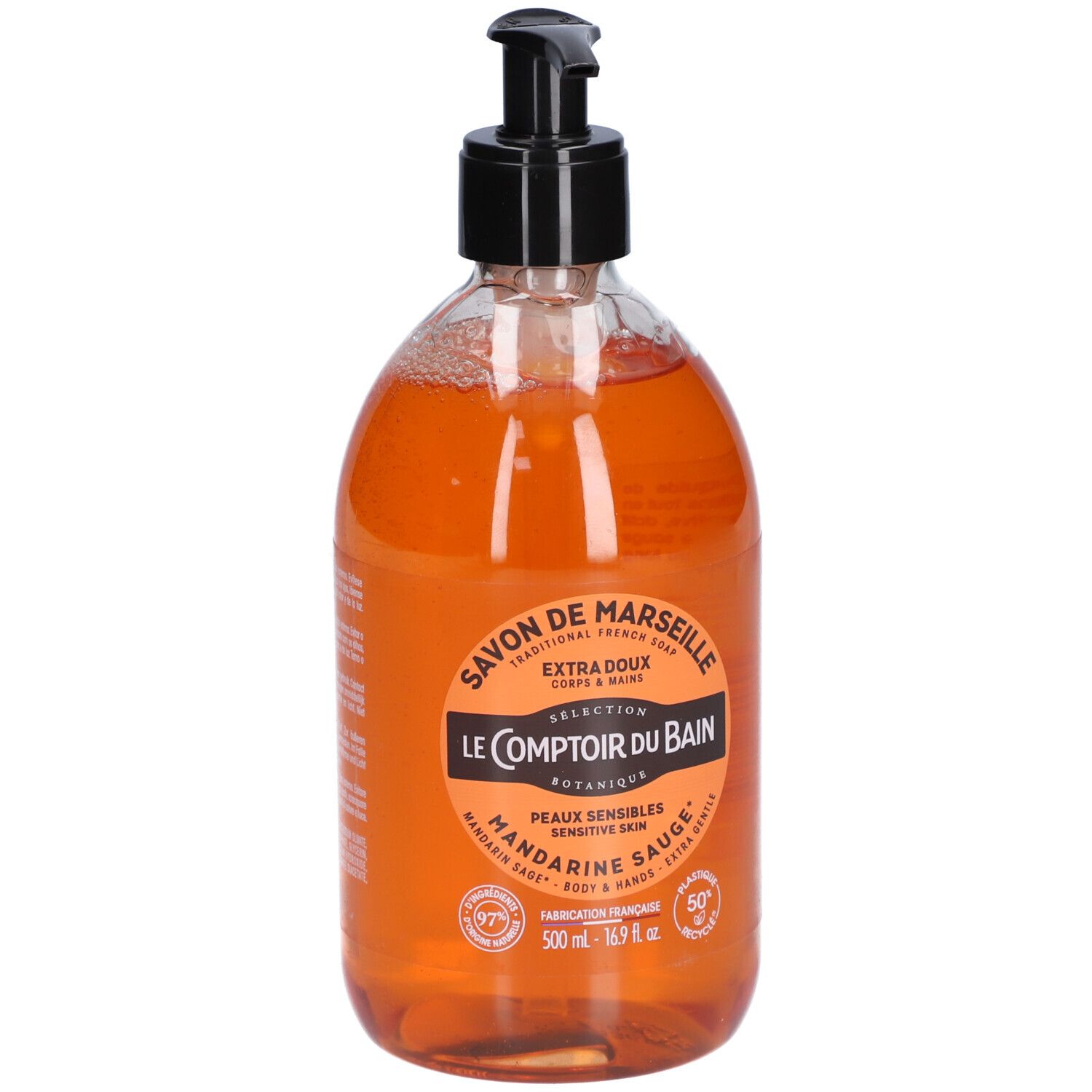 Orangefarbene Flüssigseife in durchsichtiger Pumpeflasche, 500 ml.