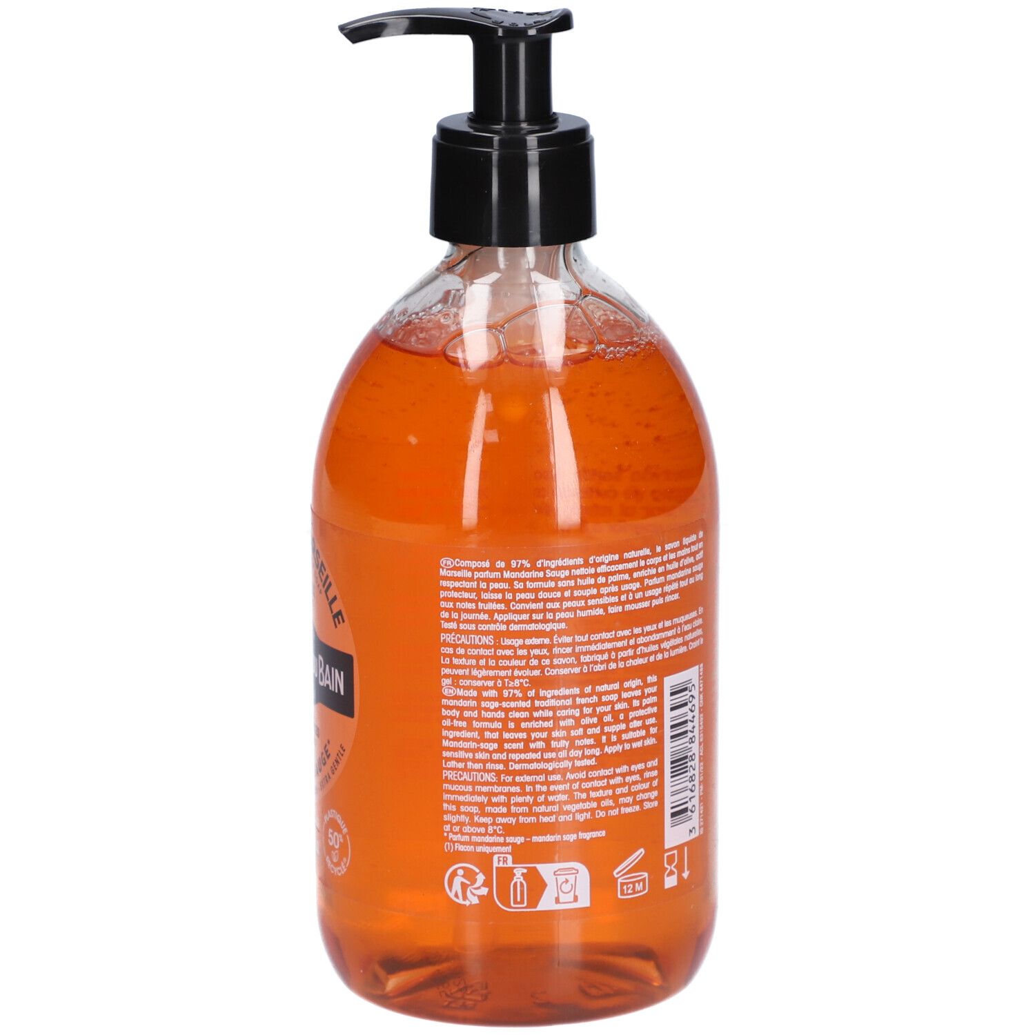 Orangefarbene Flüssigseife in durchsichtiger Pumpflasche mit schwarzem Spender.