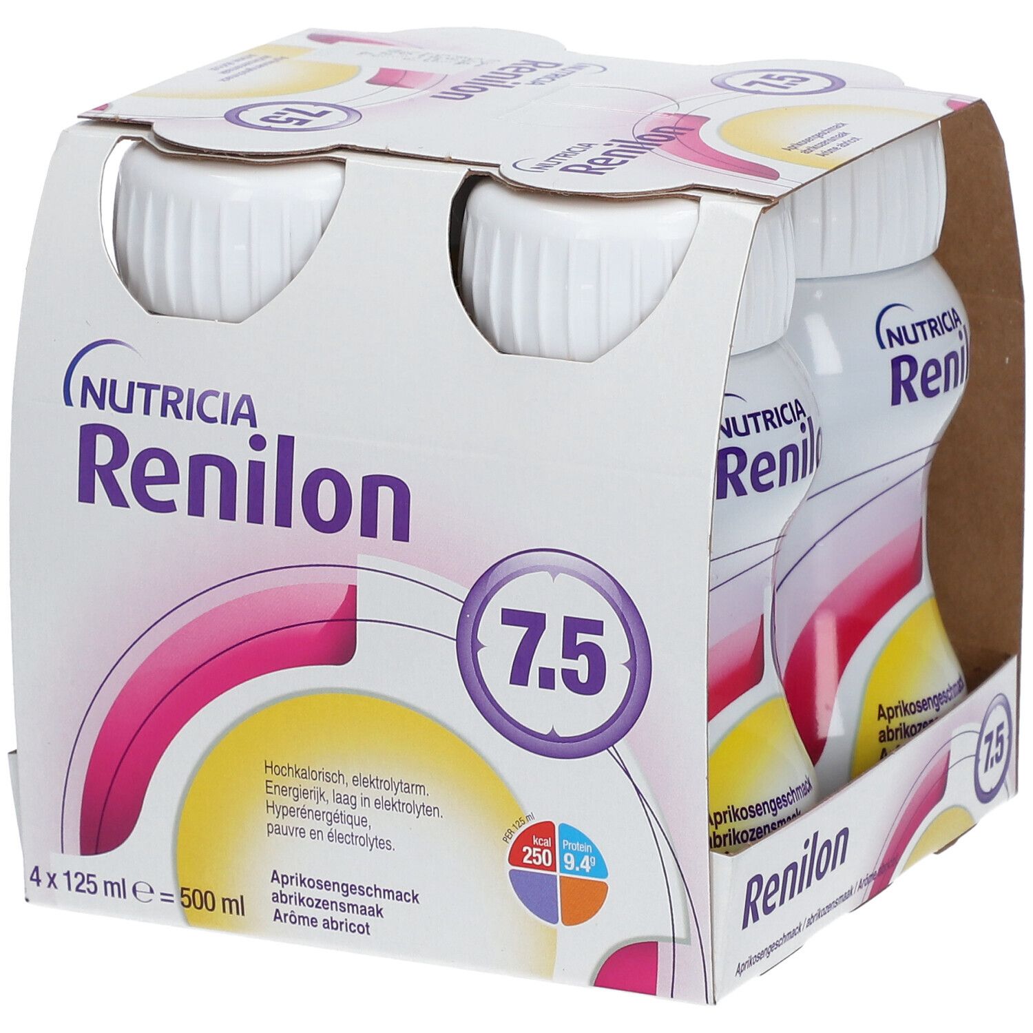 Emballage de quatre bouteilles Renilon 7.5. Inscription : Nutricia, goût abricot, 4 x 125 ml.