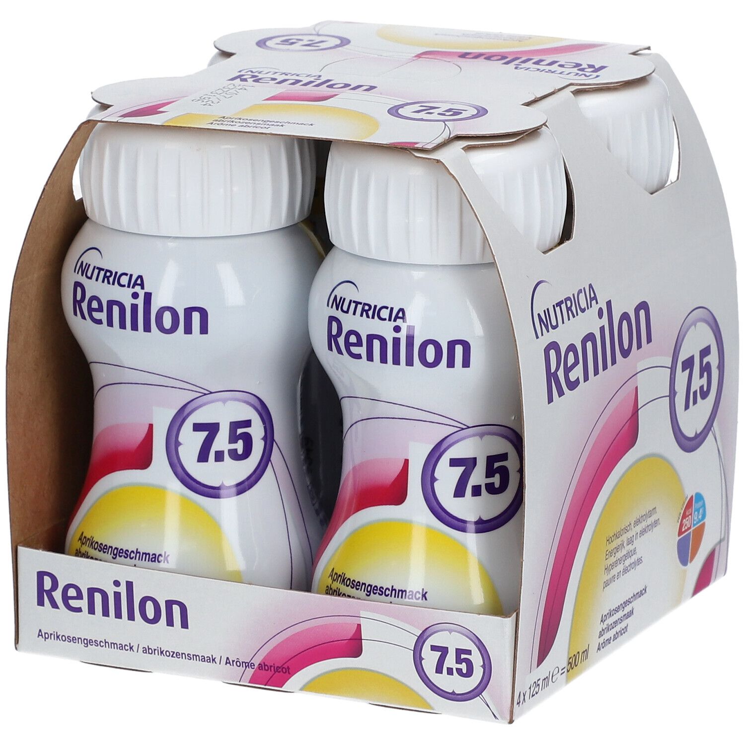 Emballage de quatre bouteilles Renilon 7.5. Inscription : Nutricia, goût abricot, 4 x 125 ml.