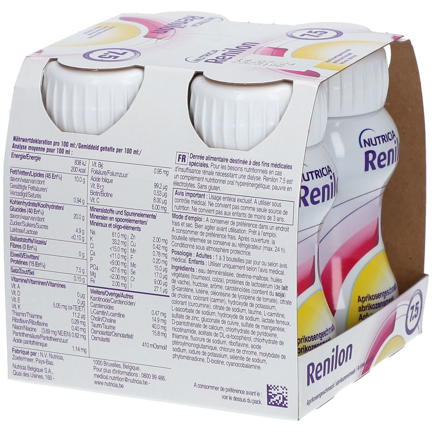 Emballage de quatre bouteilles Renilon 7.5. Inscription : Nutricia, tableau nutritionnel, goût abricot.
