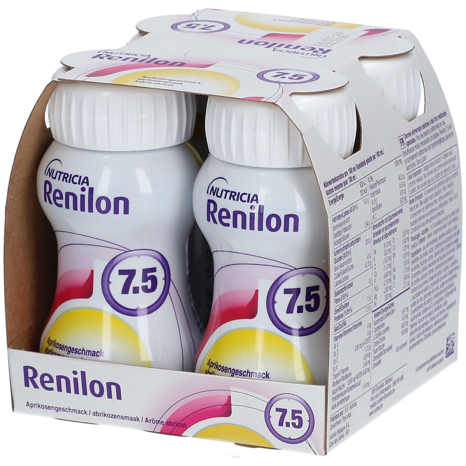 Emballage de quatre bouteilles Renilon 7.5. Inscription : Nutricia, tableau nutritionnel, goût abricot.