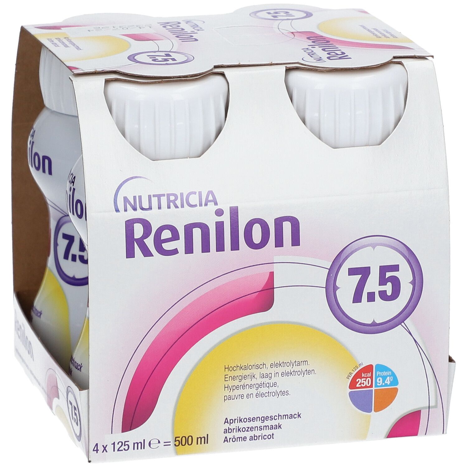 Emballage de quatre bouteilles Renilon 7.5. Inscription : Nutricia, goût abricot, 4 x 125 ml = 500 ml.