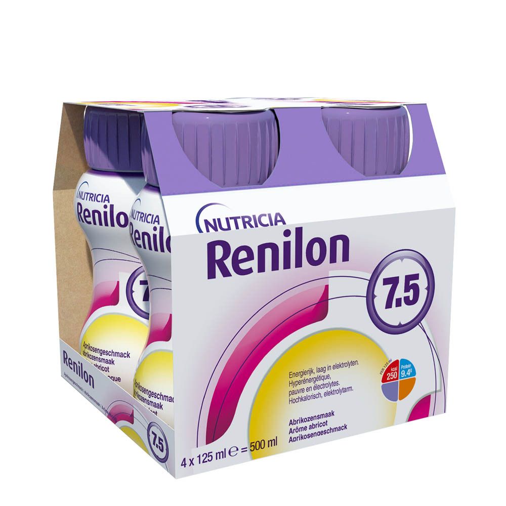 Emballage de quatre bouteilles Renilon 7.5. Inscription : Nutricia, goût abricot, 4 x 125 ml = 500 ml.