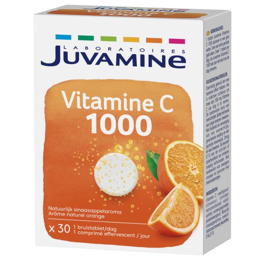 Doos Juvamine Vitamine C 1000. Oranje achtergrond met tablet en sinaasappels. 30 bruistabletten.