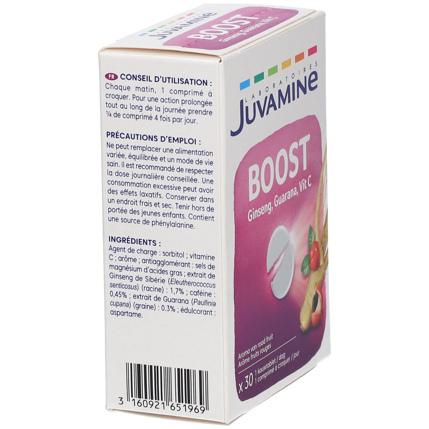 Zijaanzicht van de Juvamine Boost doos. Tekst: gebruiksaanwijzing, voorzorgsmaatregelen, ingrediënten. 30 tabletten.