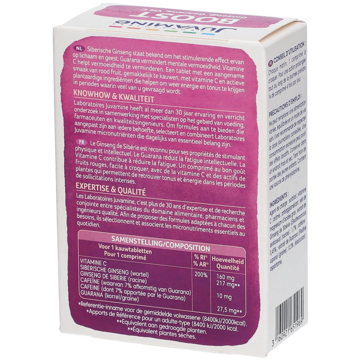Achterkant van de Juvamine Boost doos. Tekst: ingrediënten, voedingstabel, knowhow & kwaliteit. 30 tabletten.