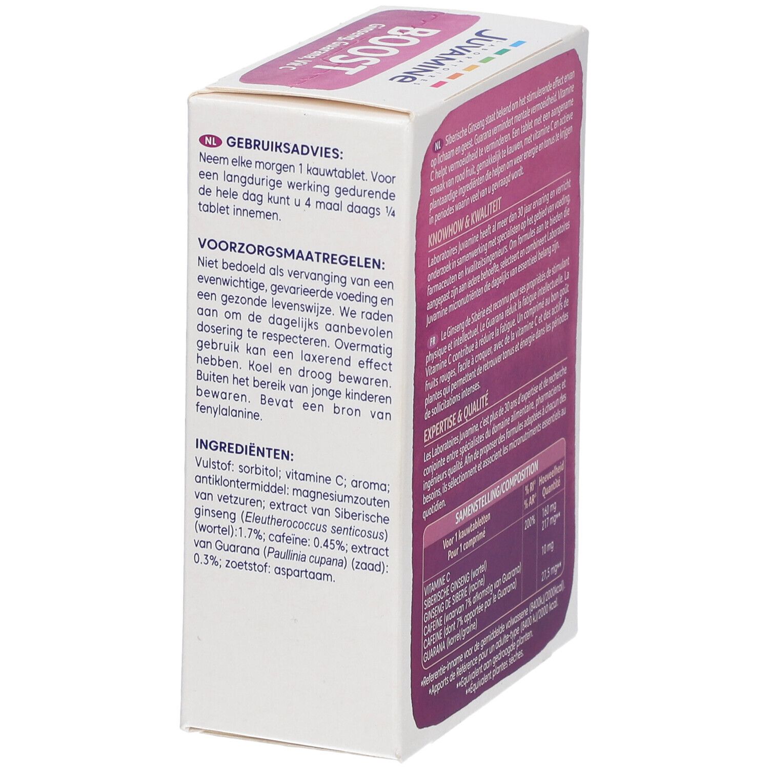 Zijaanzicht van de Juvamine Boost doos. Tekst: gebruiksaanwijzing, voorzorgsmaatregelen, ingrediënten. 30 tabletten.