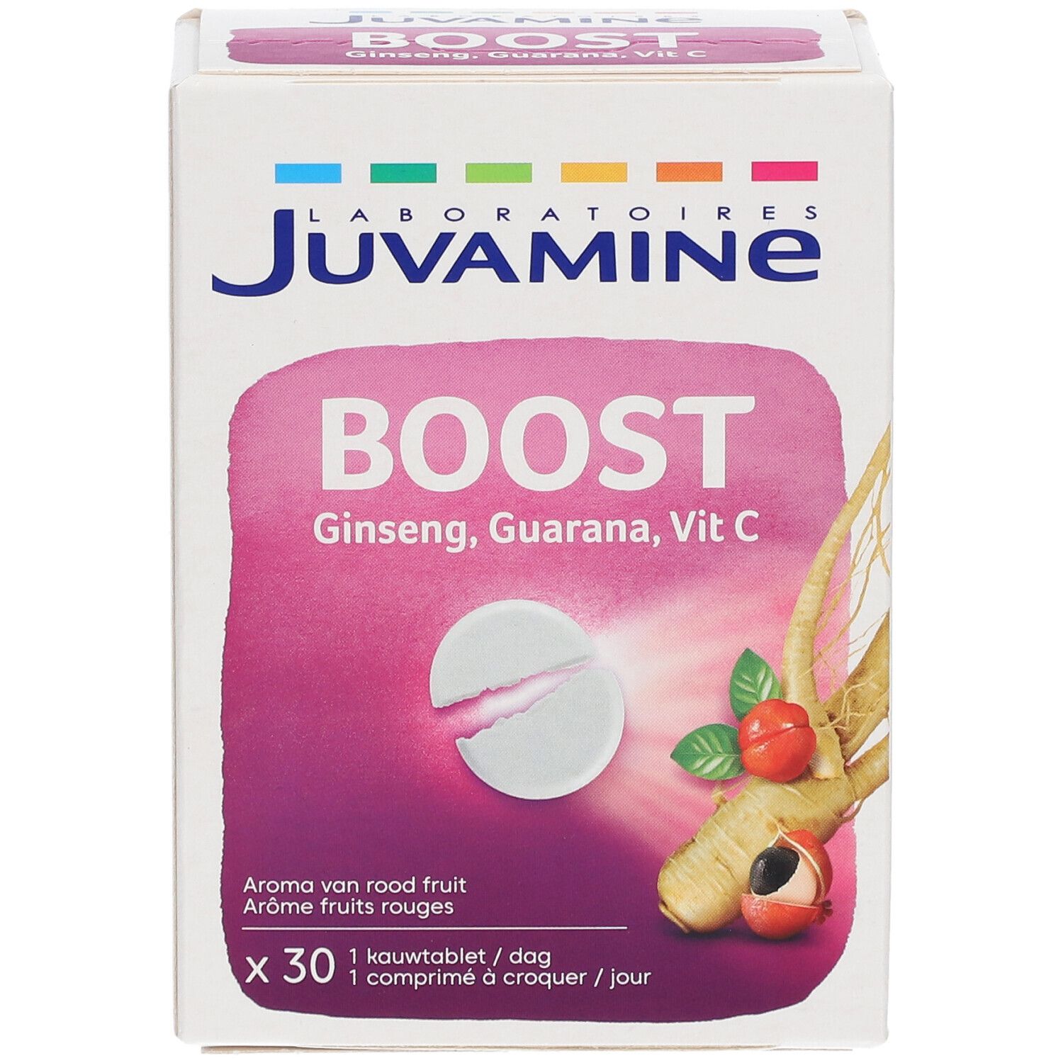 Juvamine Boost doosje. Opschrift: Boost, Ginseng, Guarana, Vit C. 30 kauwtabletten. Afbeelding van een tablet en planten.