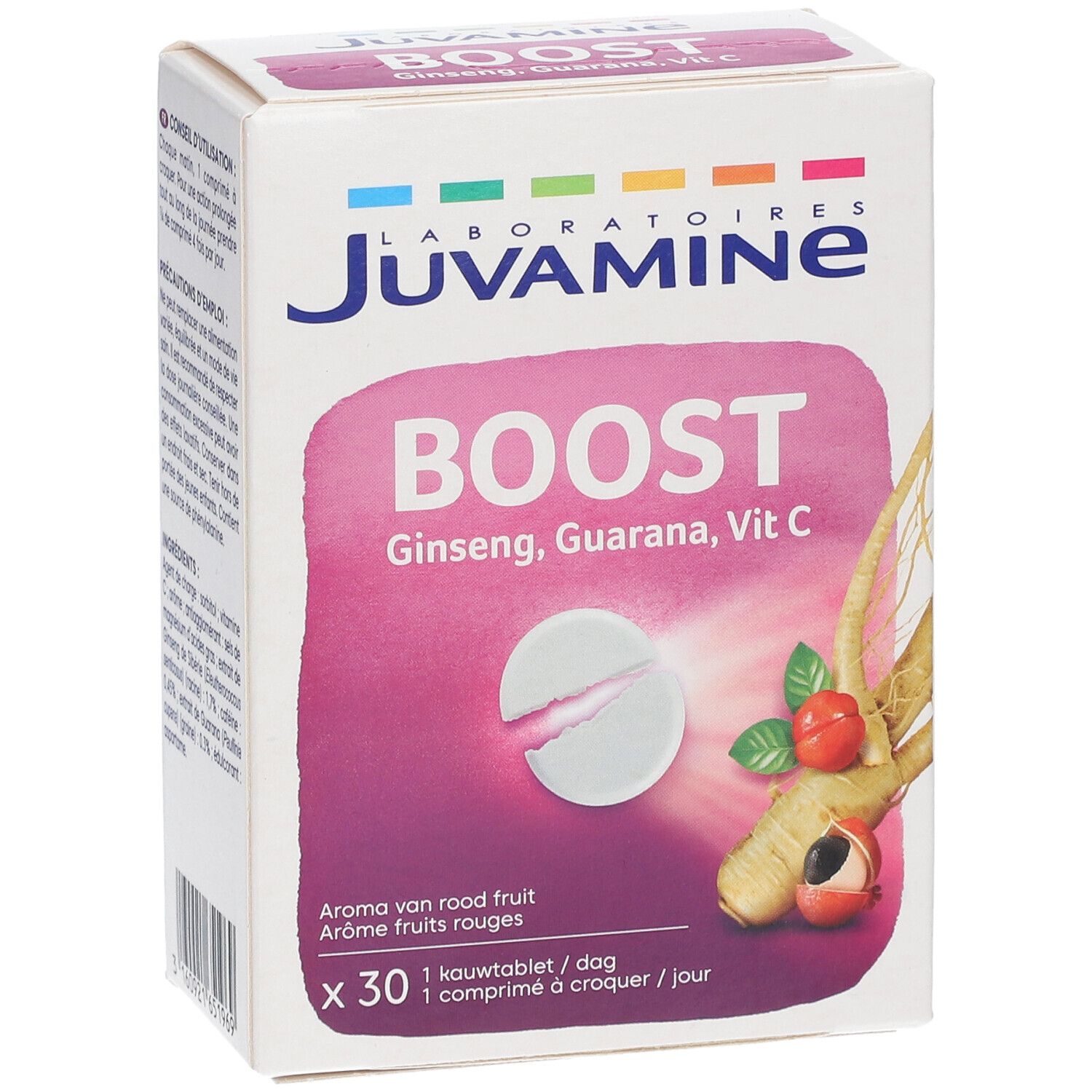 Juvamine Boost doosje. Opschrift: Boost, Ginseng, Guarana, Vit C. 30 kauwtabletten. Afbeelding van een tablet en planten.