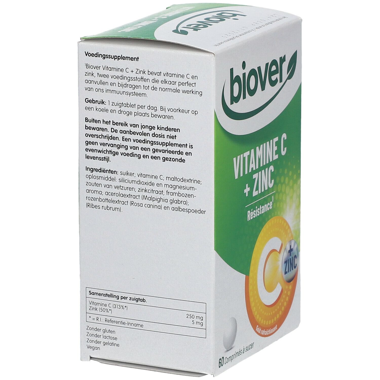 Dos de la boîte "BIOVER Vitamine C + Zinc". Contient des informations en néerlandais sur les ingrédients et l'utilisation.