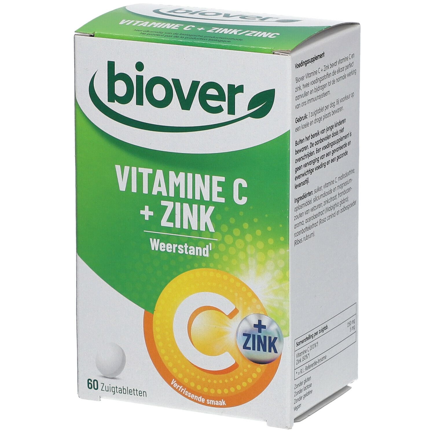Vue latérale de la boîte "BIOVER Vitamine C + Zinc". Contient des informations en néerlandais sur les ingrédients et l'utilisation.