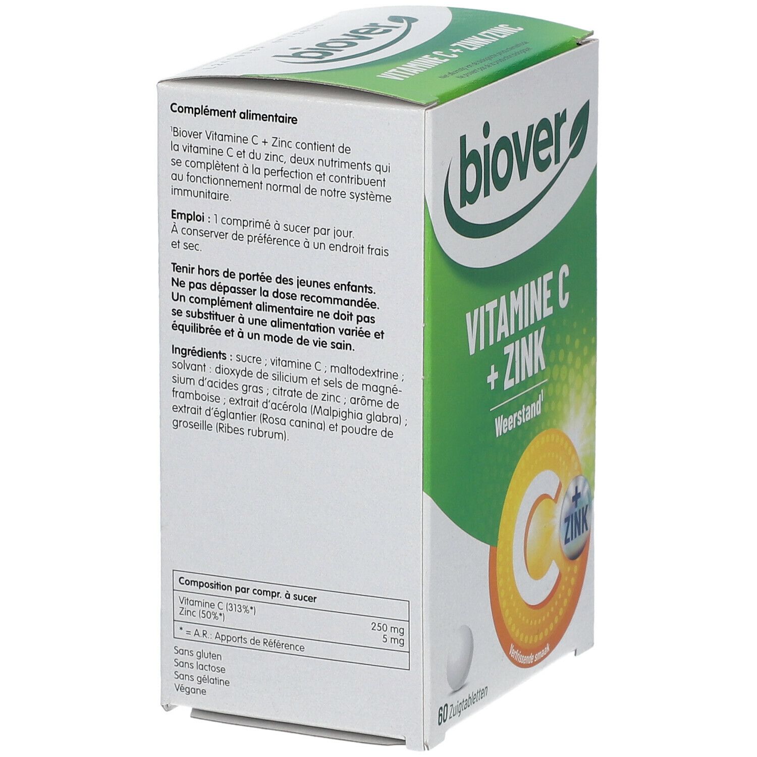 Vue latérale de la boîte "BIOVER Vitamine C + Zinc". Contient des informations en français sur les ingrédients et l'utilisation.