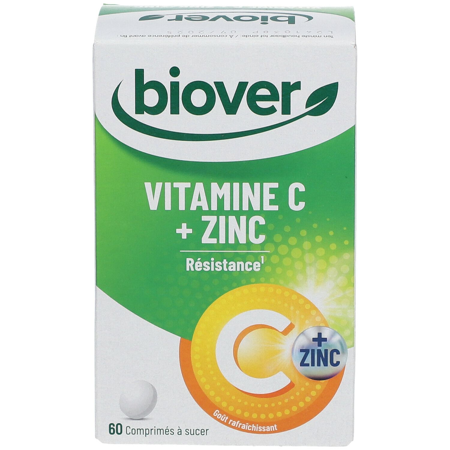 Boîte blanche et verte "BIOVER Vitamine C + Zinc". Contient 60 comprimés à sucer. Inscriptions en français.