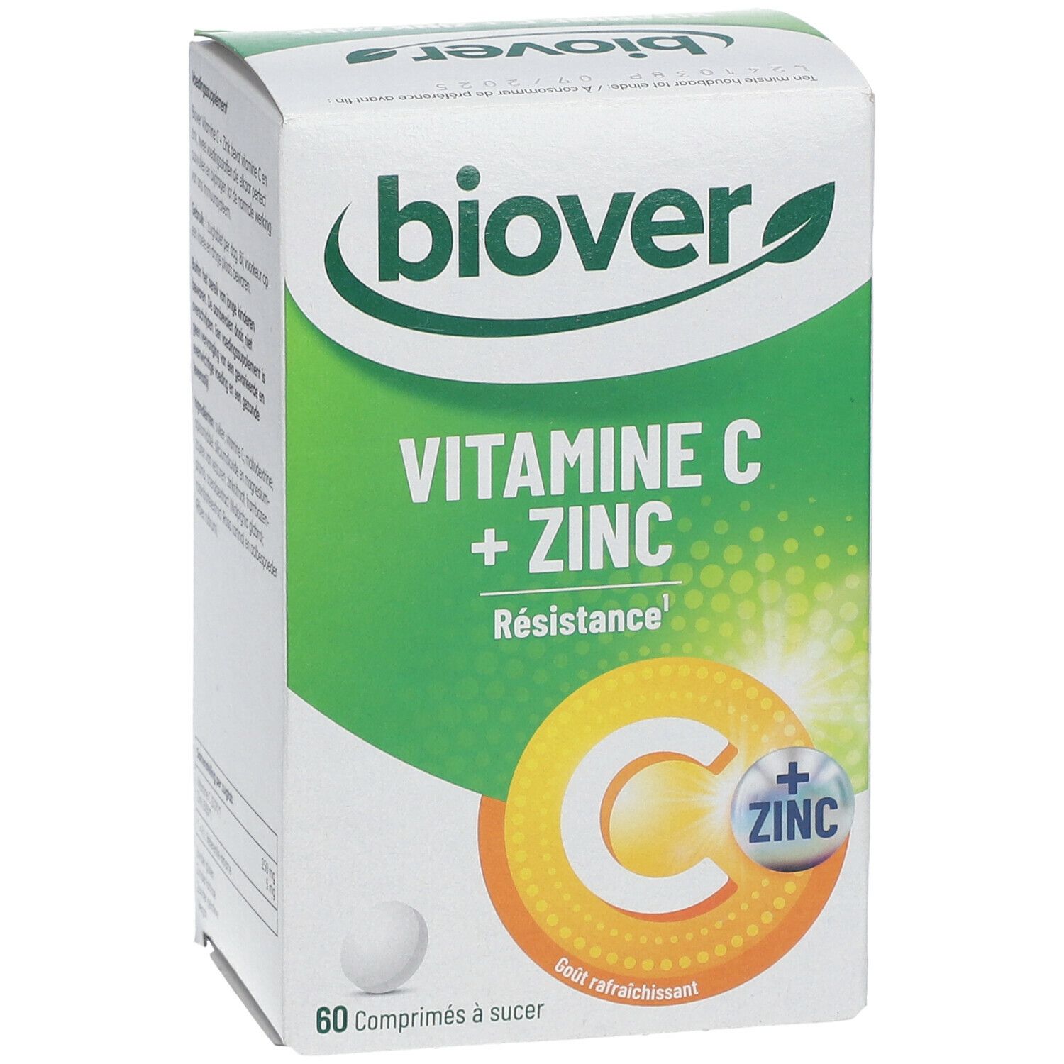 Boîte blanche et verte "BIOVER Vitamine C + Zinc". Contient 60 comprimés à sucer. Inscriptions en français.