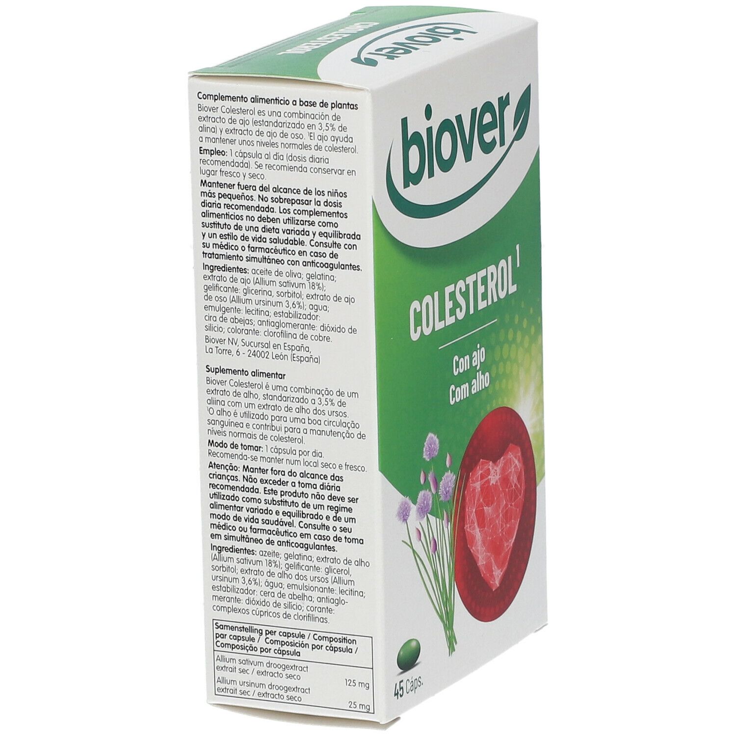 Boîte BIOVER Cholestérol en biais. Vert et blanc, avec nom et informations. Illustration cœur et herbes.