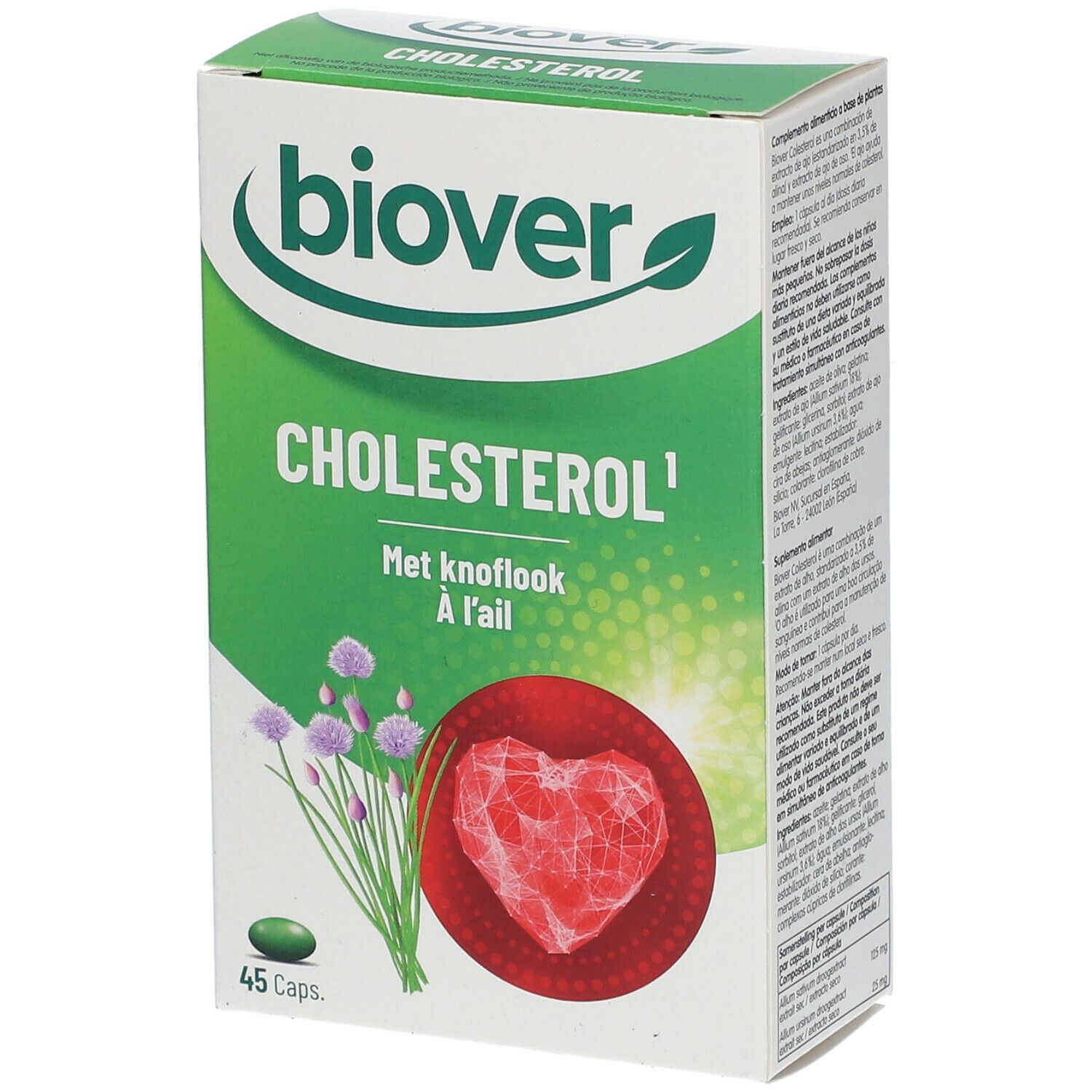 Boîte BIOVER Cholestérol. Vert et blanc, avec nom et informations. Illustration cœur et herbes.
