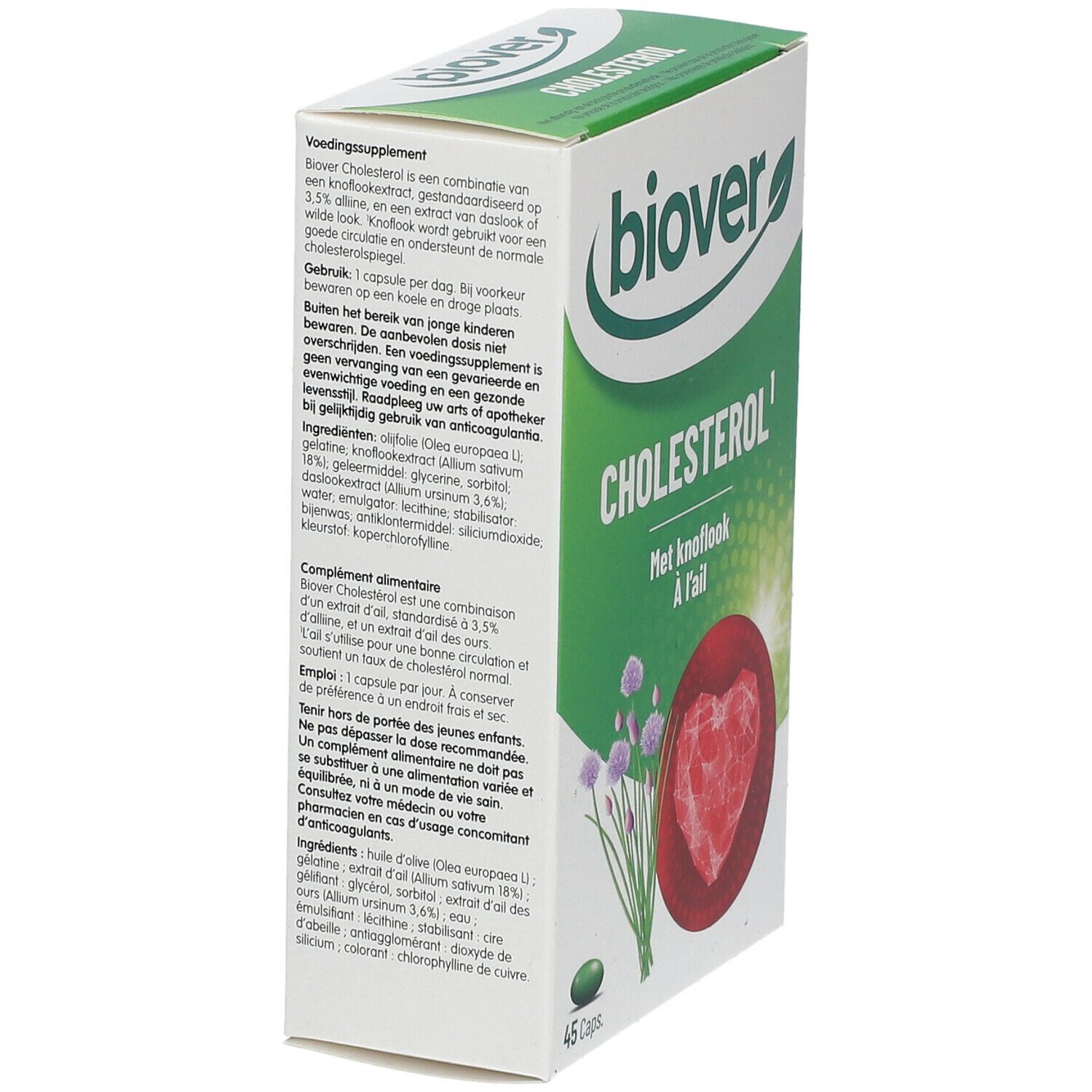 Boîte BIOVER Cholestérol en biais. Vert et blanc, avec nom et informations. Illustration cœur et herbes.