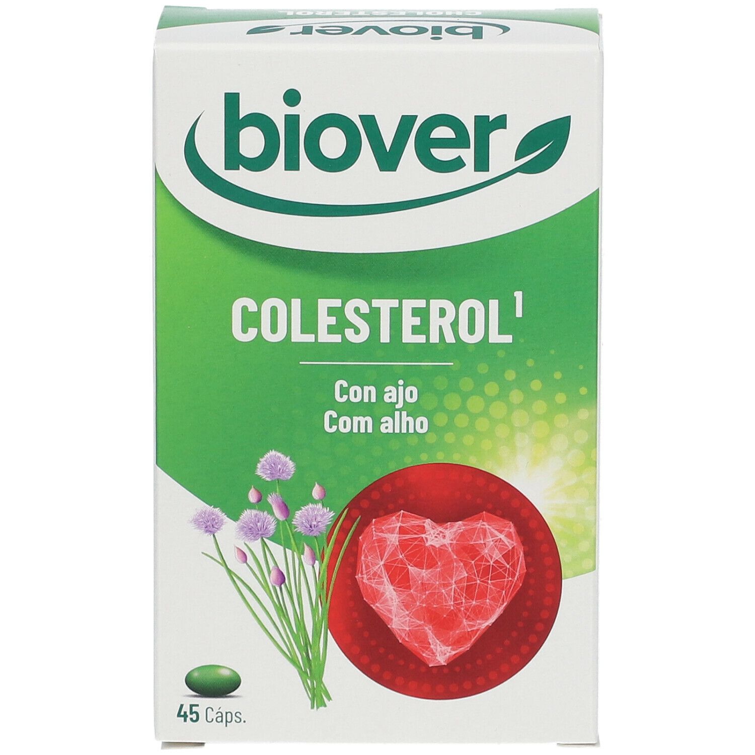 Boîte BIOVER Cholestérol. Vert et blanc, avec nom et informations. Illustration cœur et herbes.