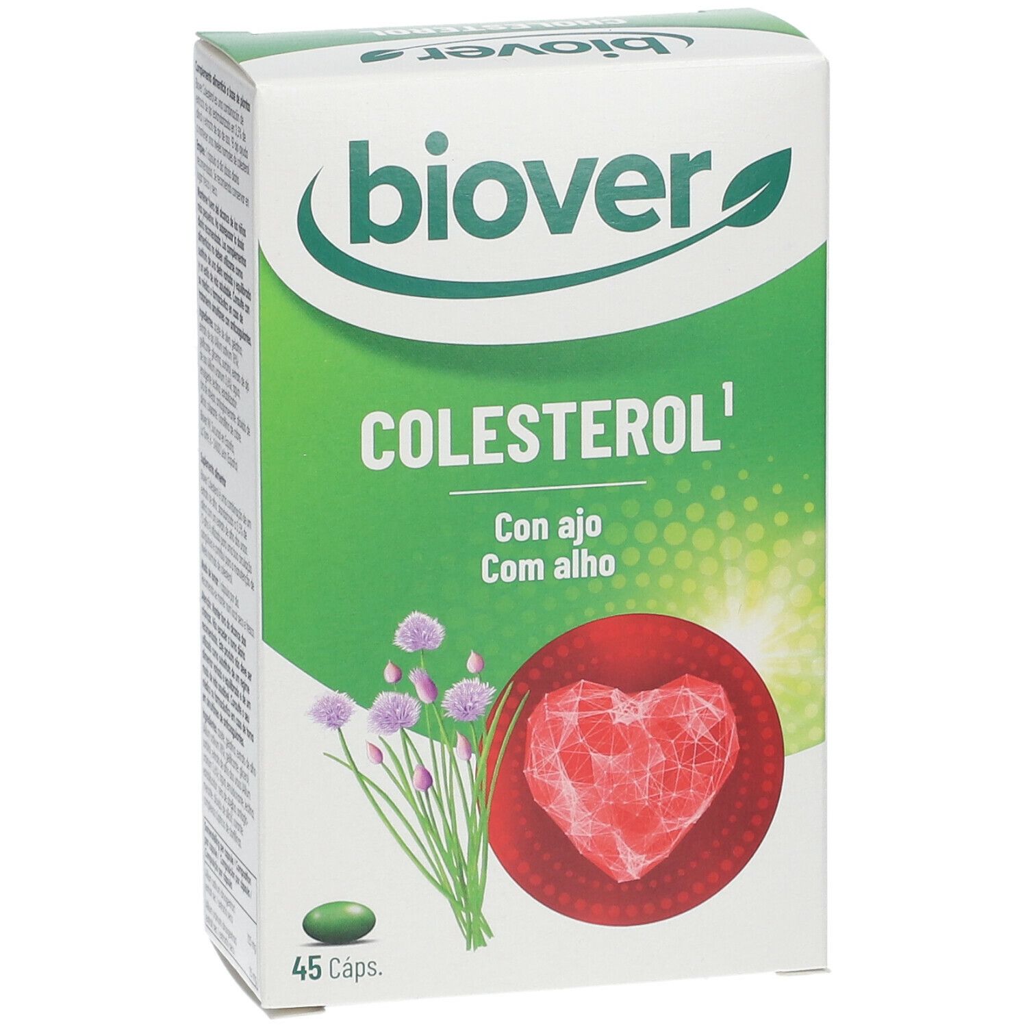 Boîte BIOVER Cholestérol. Vert et blanc, avec nom et informations. Illustration cœur et herbes.