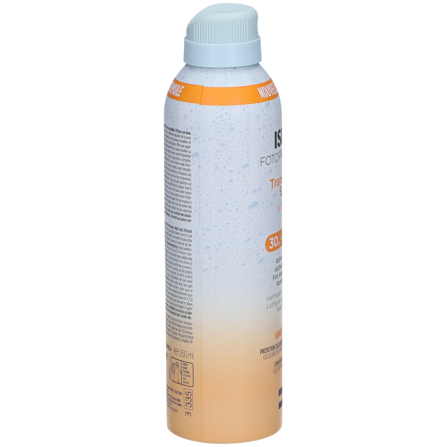 ISDIN Fotoprotector Spray. Flacon spray, vue latérale. Texte: Transparent Spray Wet Skin, SPF30. Informations produit.