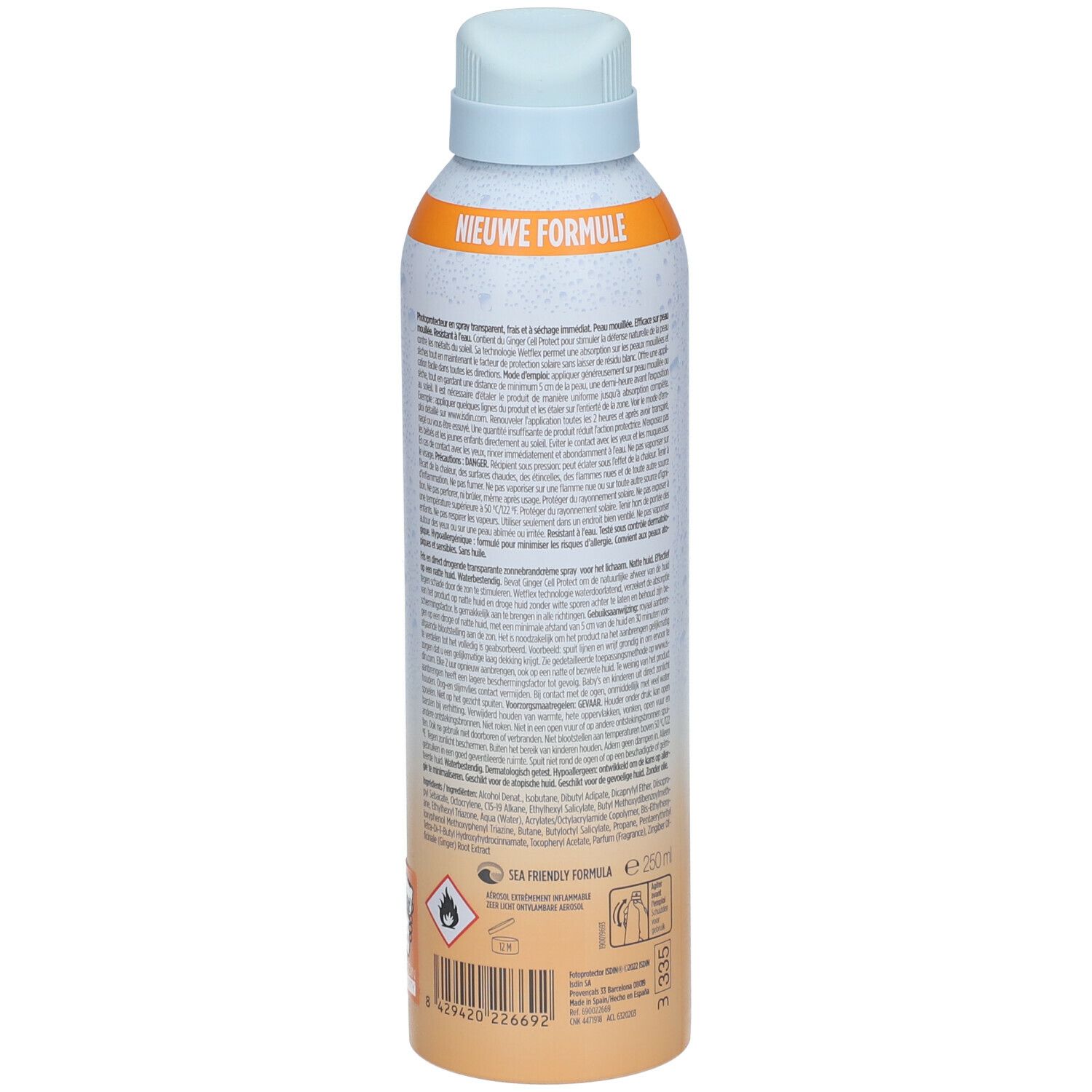 ISDIN Fotoprotector Spray. Dos du flacon spray. Texte: Informations produit, ingrédients, avertissements, pictogrammes.