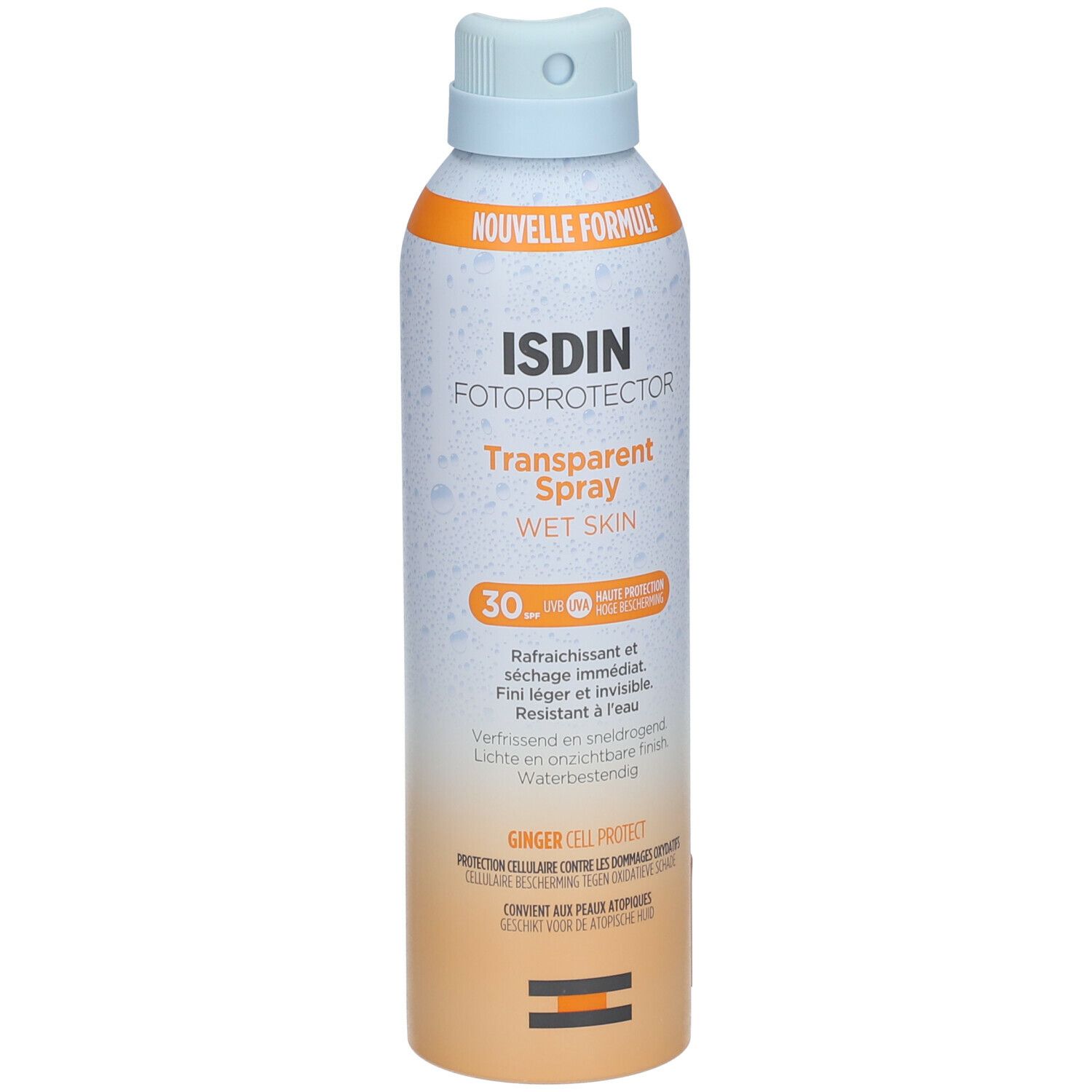 ISDIN Fotoprotector Transparent Spray SPF30. Flacon spray avec bouchon bleu. Texte: Transparent Spray Wet Skin, SPF30.