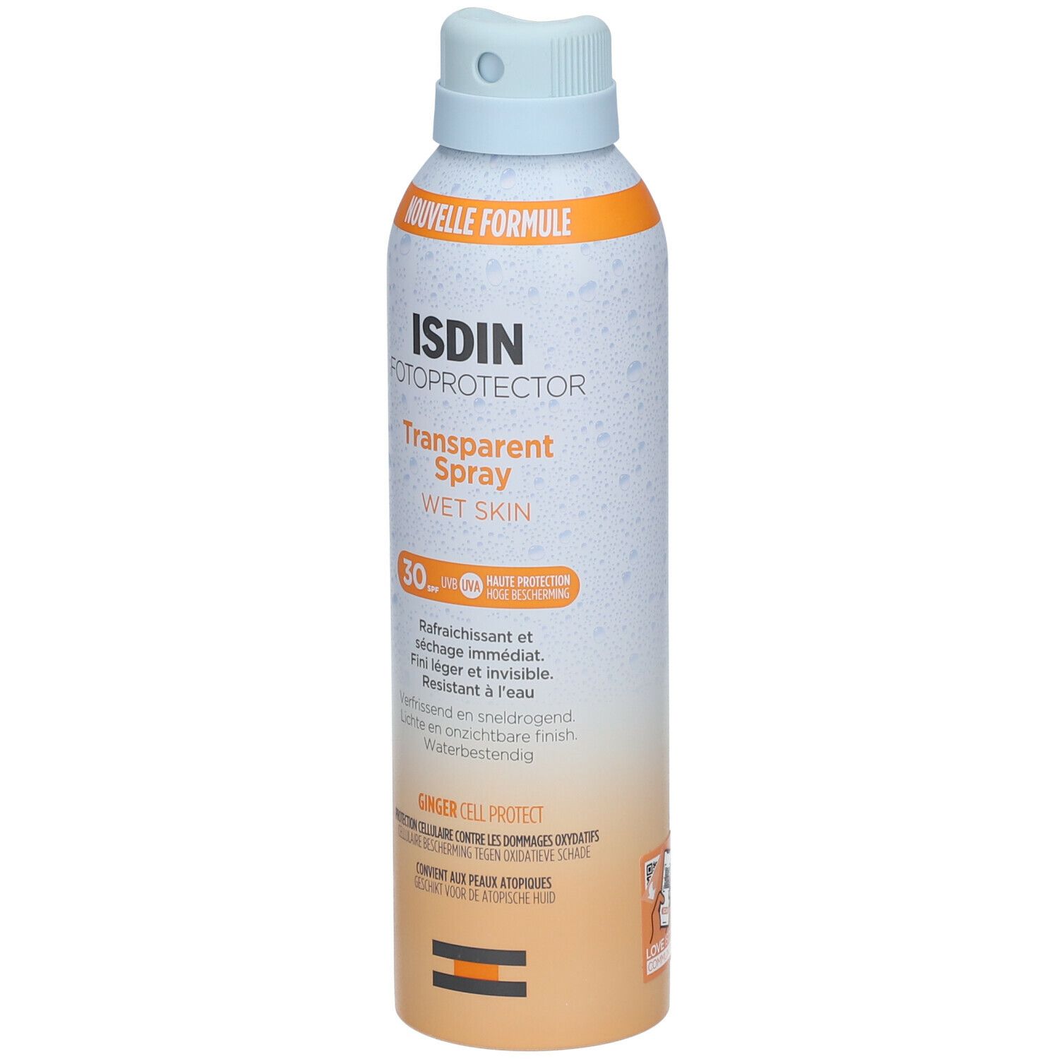 ISDIN Fotoprotector Transparent Spray SPF30. Flacon spray avec bouchon bleu. Texte: Transparent Spray Wet Skin, SPF30.