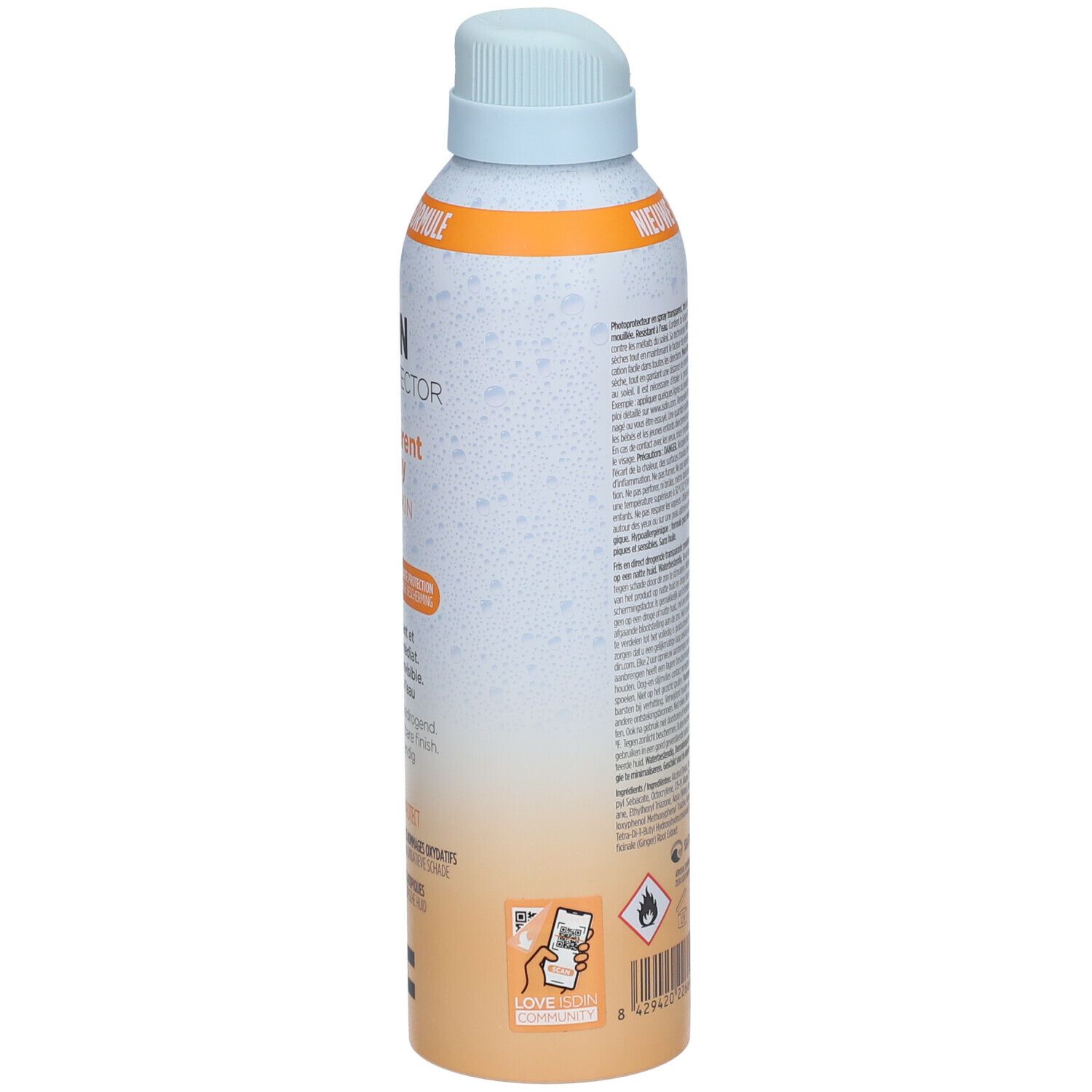 ISDIN Fotoprotector Spray. Flacon spray, vue latérale. Texte: Transparent Spray Wet Skin, SPF30. Informations produit.