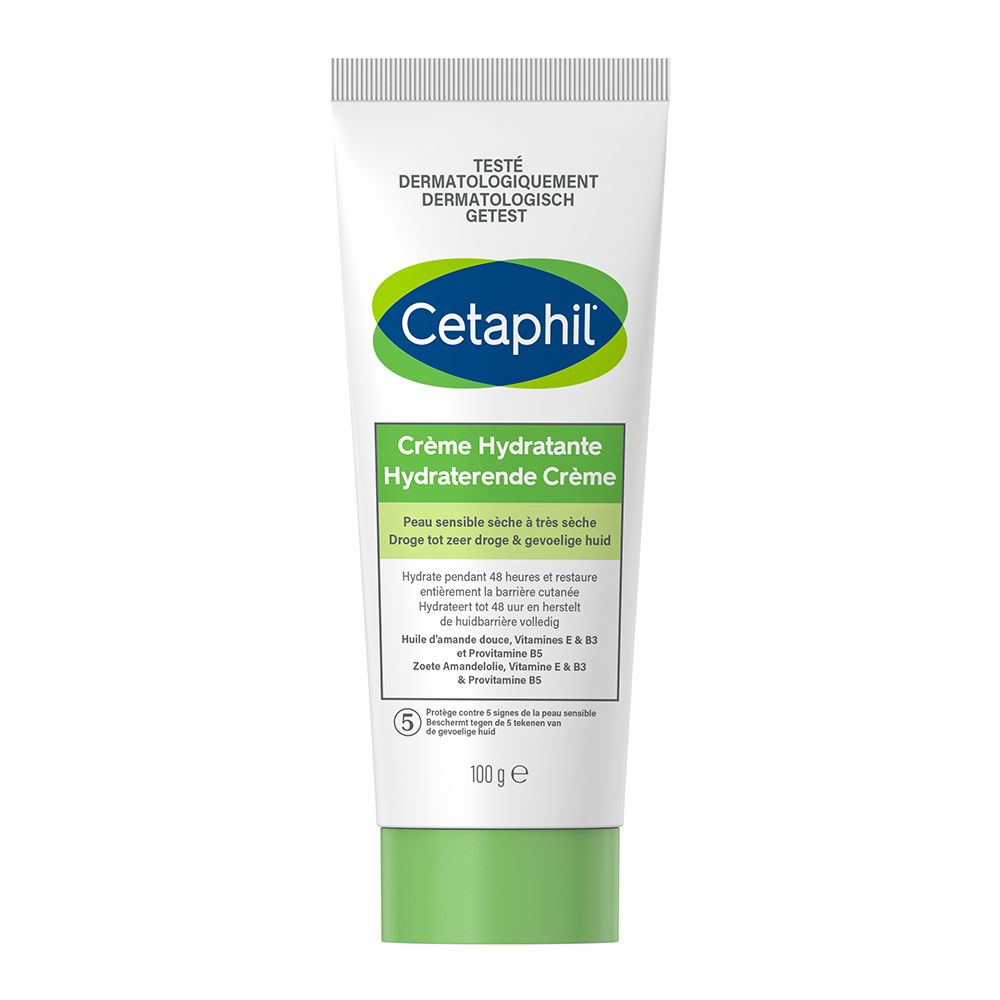 Tube de Cetaphil Crème Hydratante. Tube blanc, bouchon vert. Texte et logo sur le devant.