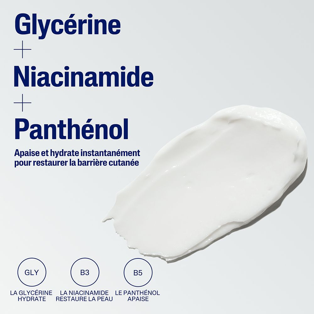 Éclaboussure de crème blanche. Texte : Glycérine, Niacinamide, Panthénol. Ingrédients étiquetés.