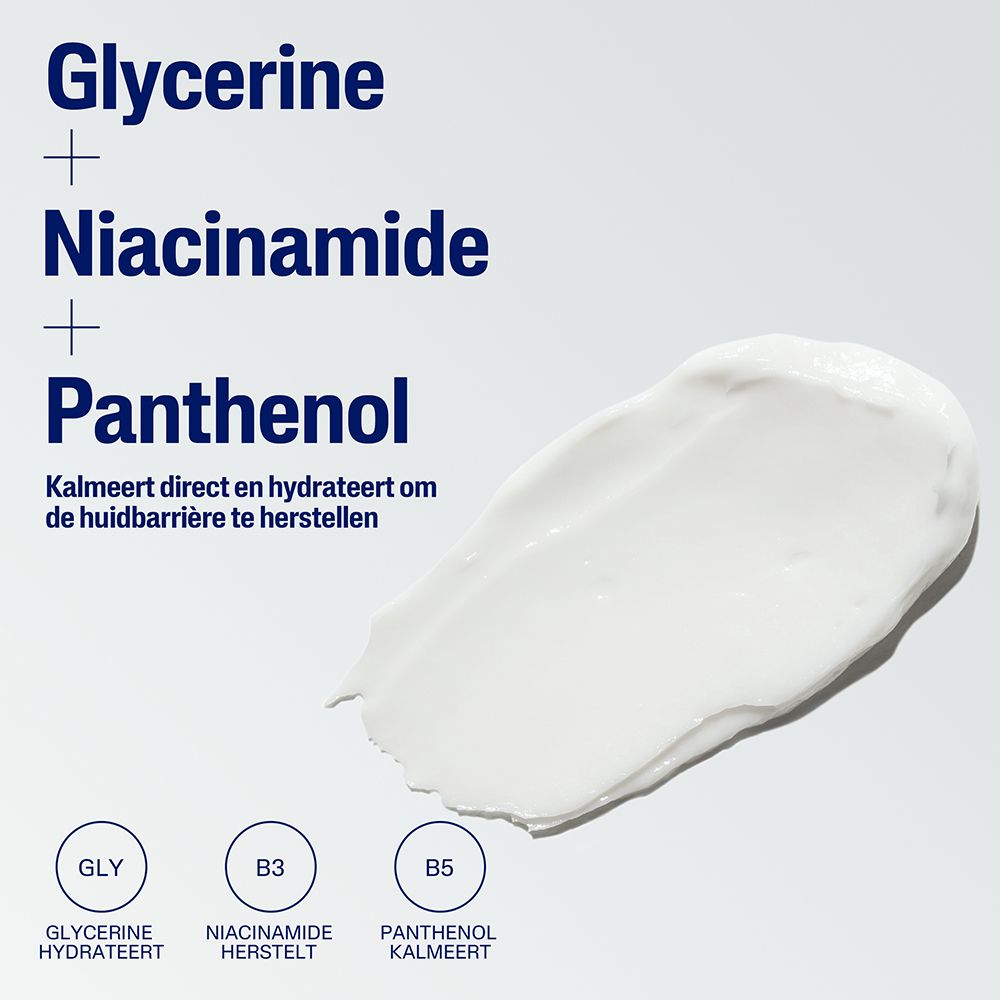 Éclaboussure de crème blanche. Texte : Glycérine, Niacinamide, Panthénol. Ingrédients étiquetés.