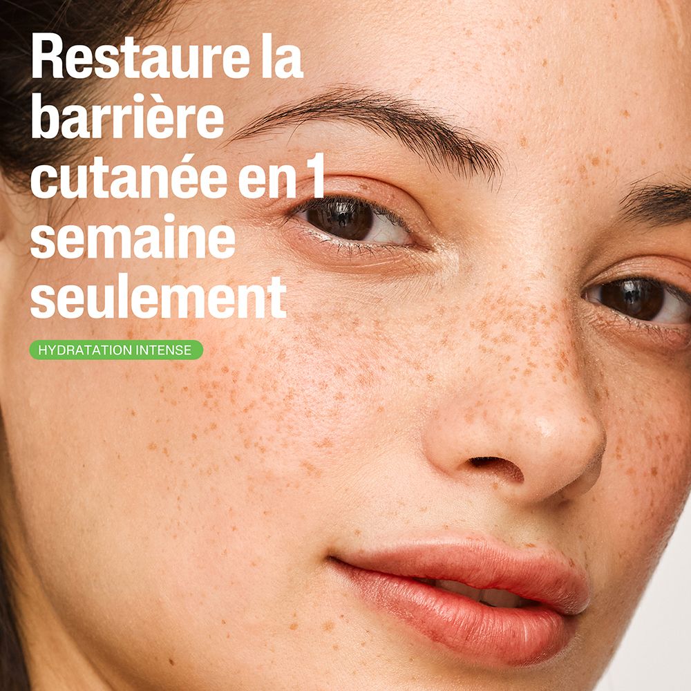 Visage de femme. Texte : Restaure la barrière cutanée en 1 semaine seulement. Hydratation intense.