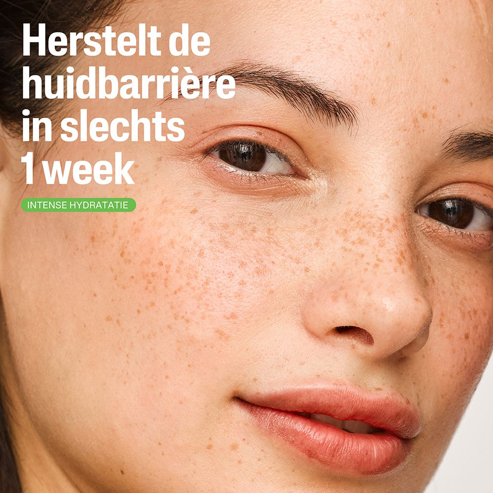 Visage de femme. Texte : Restaure la barrière cutanée en 1 semaine seulement. Hydratation intense.