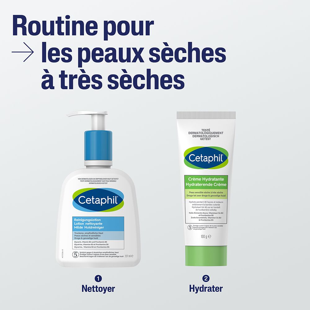 Routine pour peaux sèches à très sèches. Produits : Lotion nettoyante et Crème Hydratante.