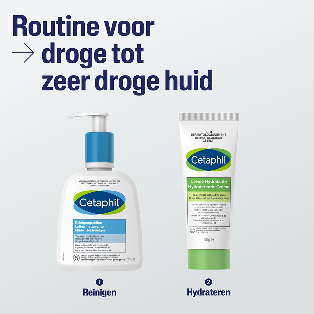 Routine pour peaux sèches à très sèches. Produits : Lotion nettoyante et Crème Hydratante.
