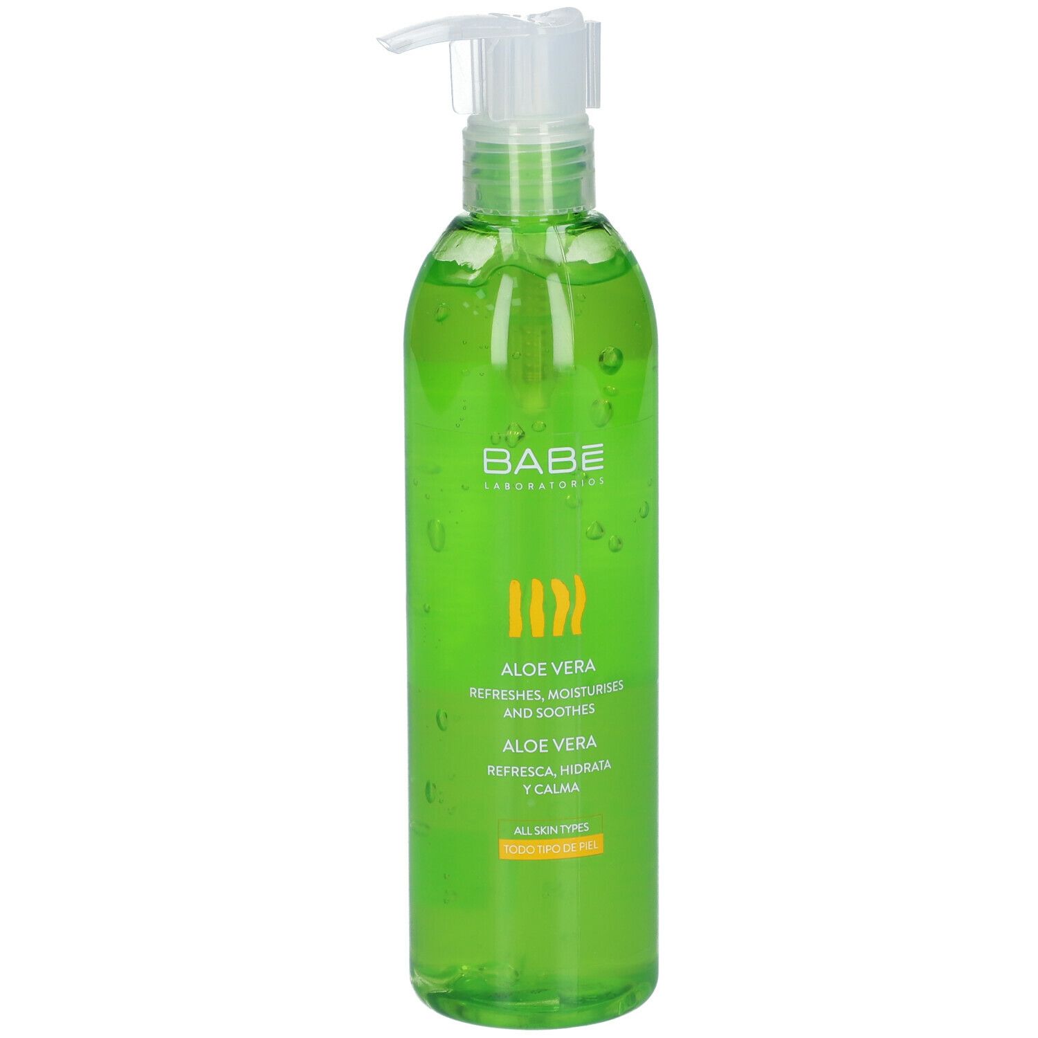 Grüne Flasche mit Spender. BABE Laboratorios Aloe Vera Gel. Text: Erfrischt, befeuchtet und beruhigt. Für alle Hauttypen.
