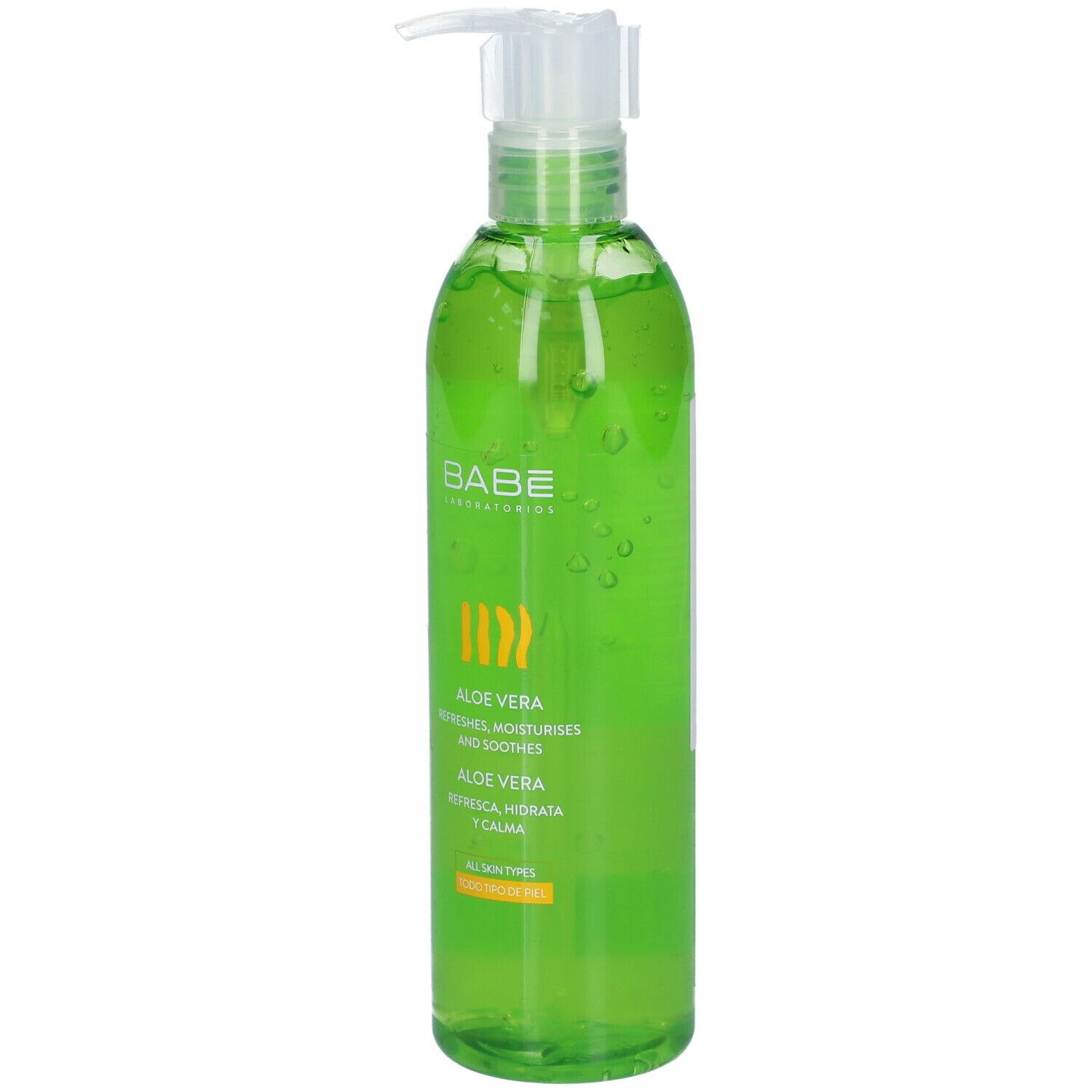 Grüne Flasche mit Spender. BABE Laboratorios Aloe Vera Gel. Text: Erfrischt, befeuchtet und beruhigt. Für alle Hauttypen.