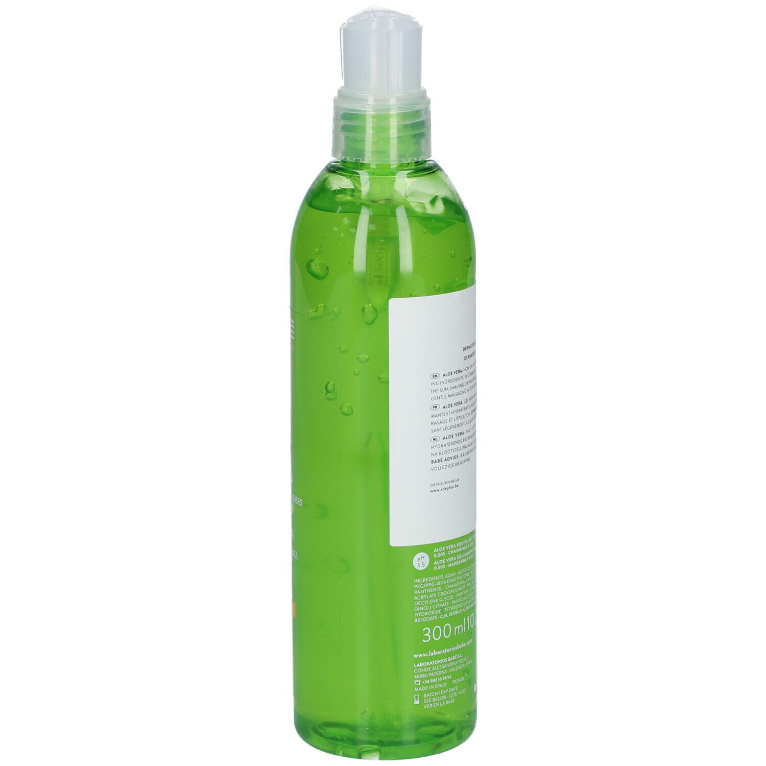 Grüne Flasche mit Spender. Aufkleber mit Text und Barcode. BABE Laboratorios Aloe Vera Gel. 300ml.