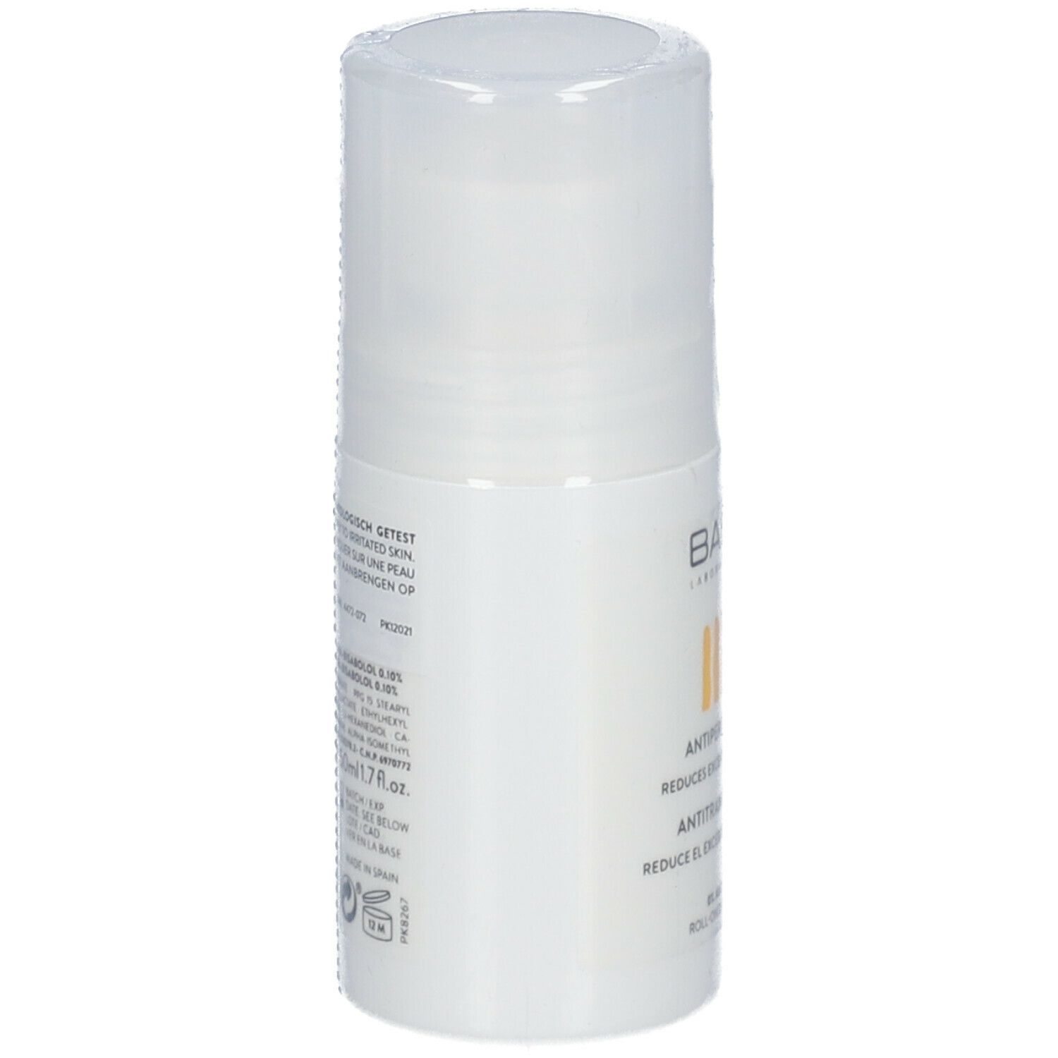 Déodorant roll-on blanc Babé Laboratorios. Dos avec texte et ingrédients. Emballé dans du film plastique.