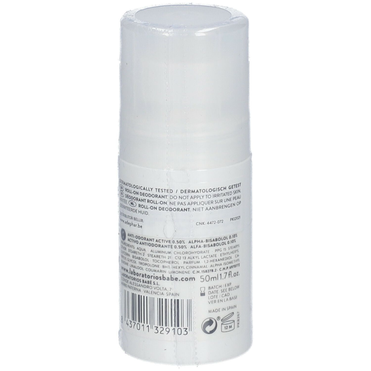 Déodorant roll-on blanc Babé Laboratorios. Dos avec texte, ingrédients et code-barres. 50 ml.