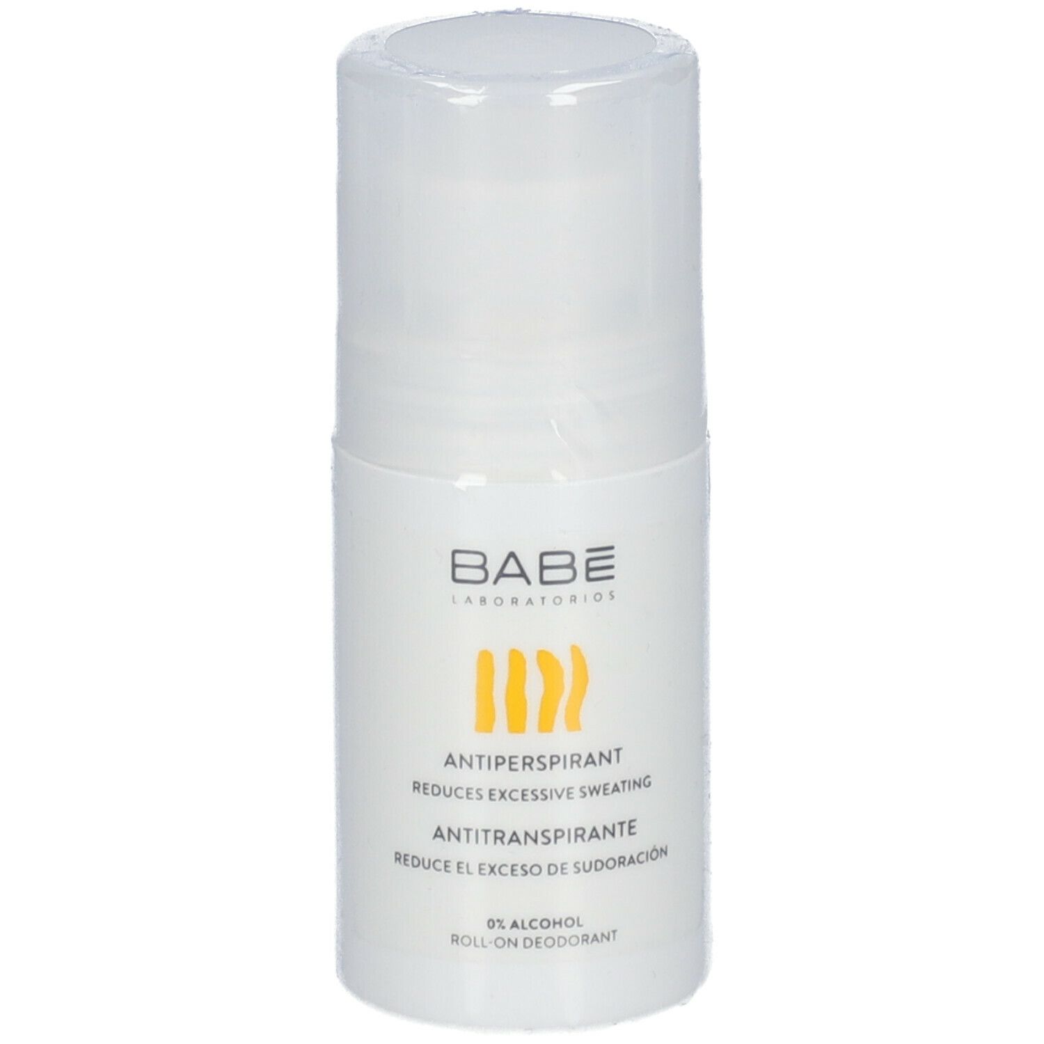 Déodorant roll-on blanc Babé Laboratorios. Avec motif rayé jaune et texte: Antiperspirant, réduit la transpiration excessive.