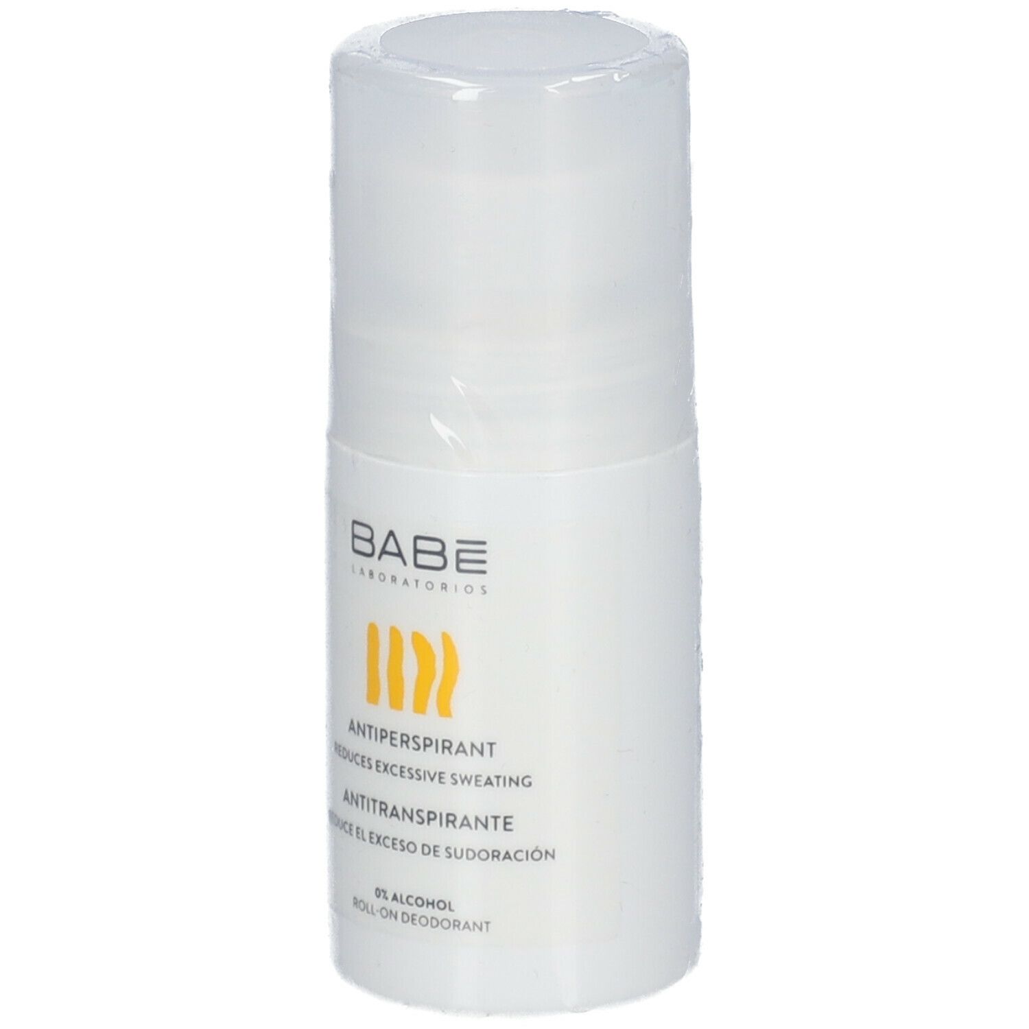 Déodorant roll-on blanc Babé Laboratorios. Avec motif rayé jaune et texte: Antiperspirant, réduit la transpiration excessive.