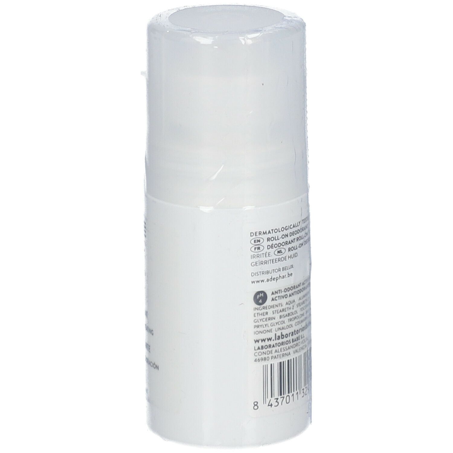 Déodorant roll-on blanc Babé Laboratorios. Dos avec texte et ingrédients. Emballé dans du film plastique.