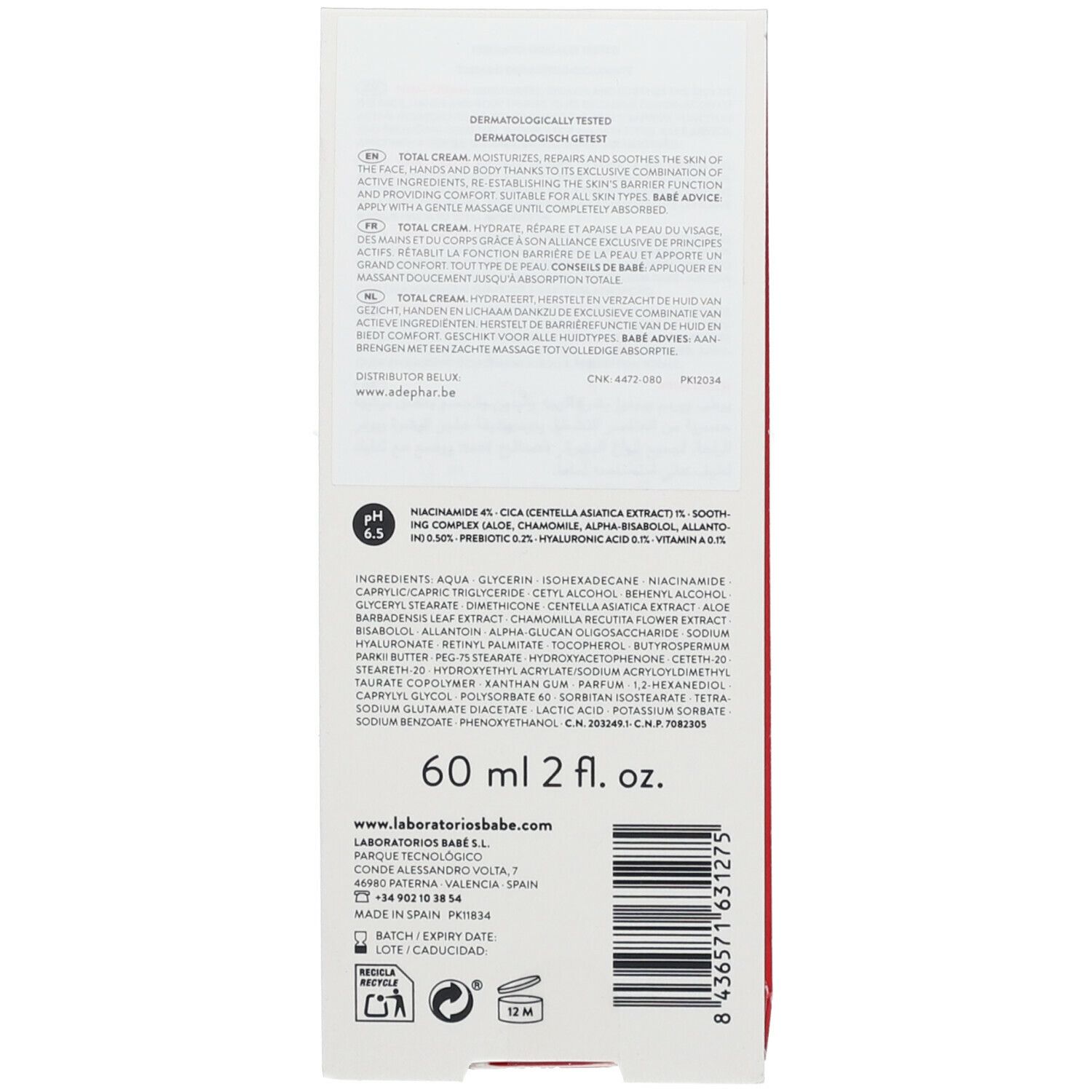 Achterkant van de verpakking. Tekst in meerdere talen. Ingrediënten en fabrikantinfo. 60 ml 2 fl. oz.
