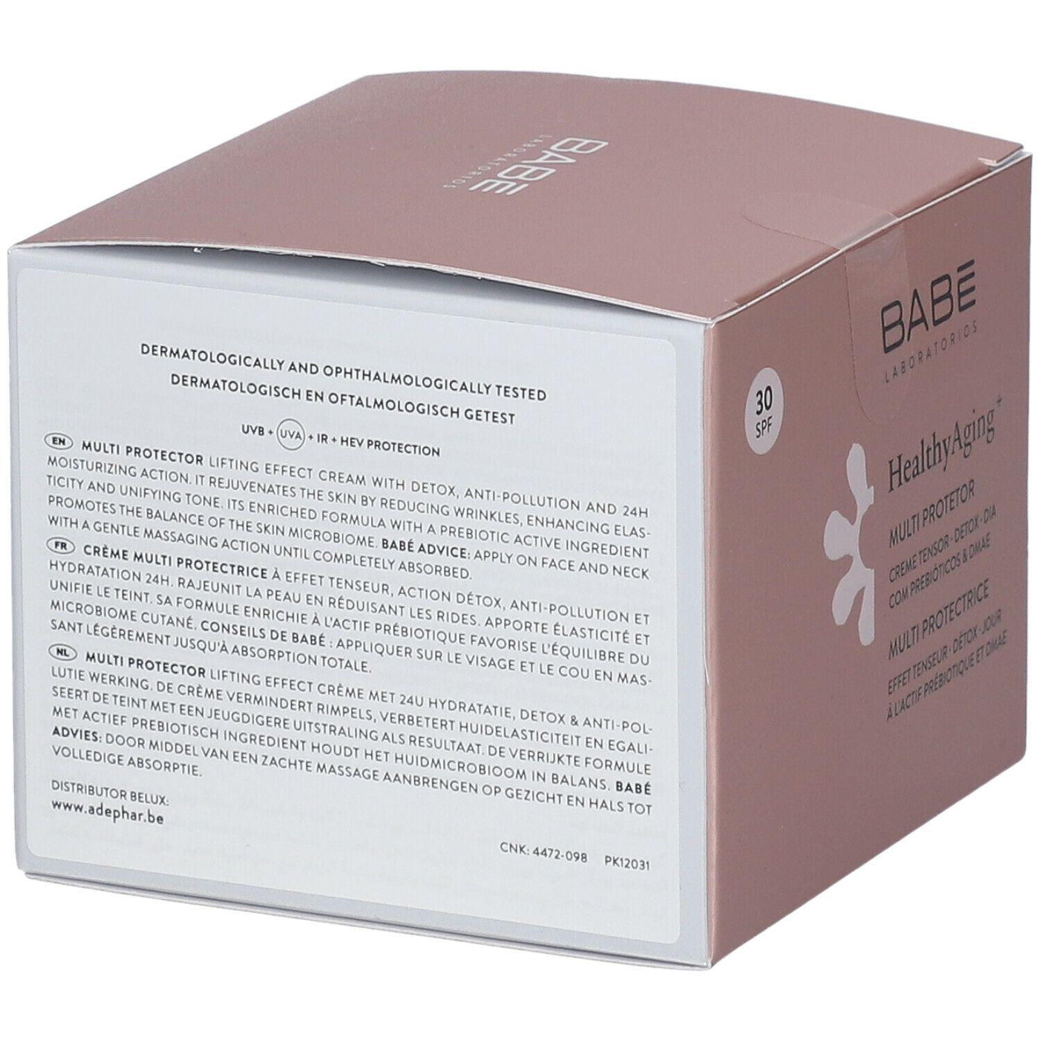 Achterkant van de roze verpakking. Tekst: Dermatologisch en oftalmologisch getest. Productinformatie in meerdere talen.