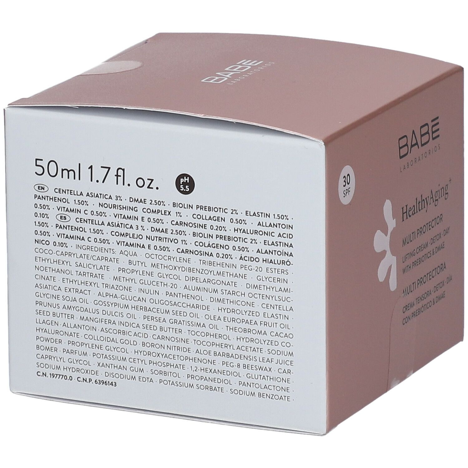 Roze verpakking met ingrediëntenlijst. BABÉ Laboratorios logo, HealthyAging+ Multi Protector Crème, SPF30, 50ml.