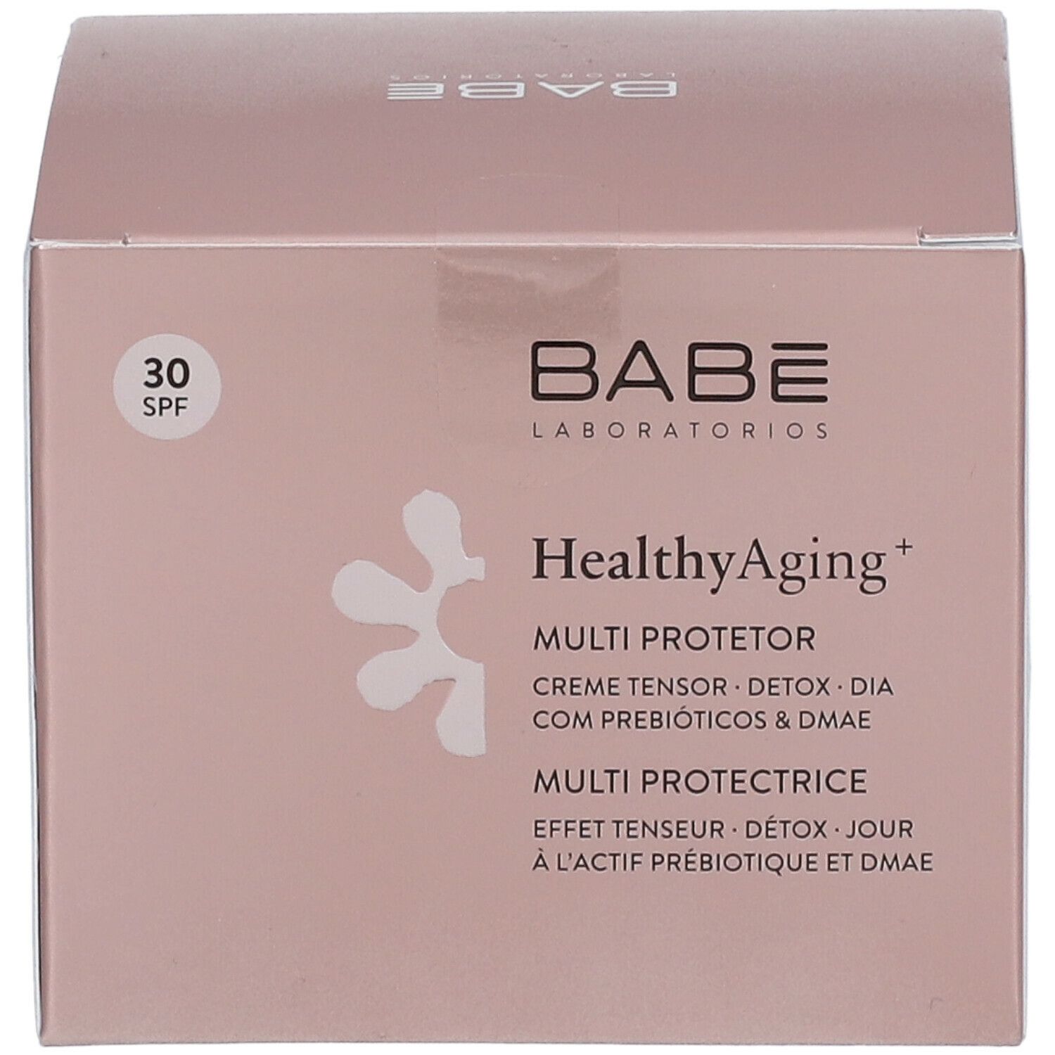 Roze verpakking met productinformatie. BABÉ Laboratorios logo, HealthyAging+ Multi Protector Crème, SPF30.