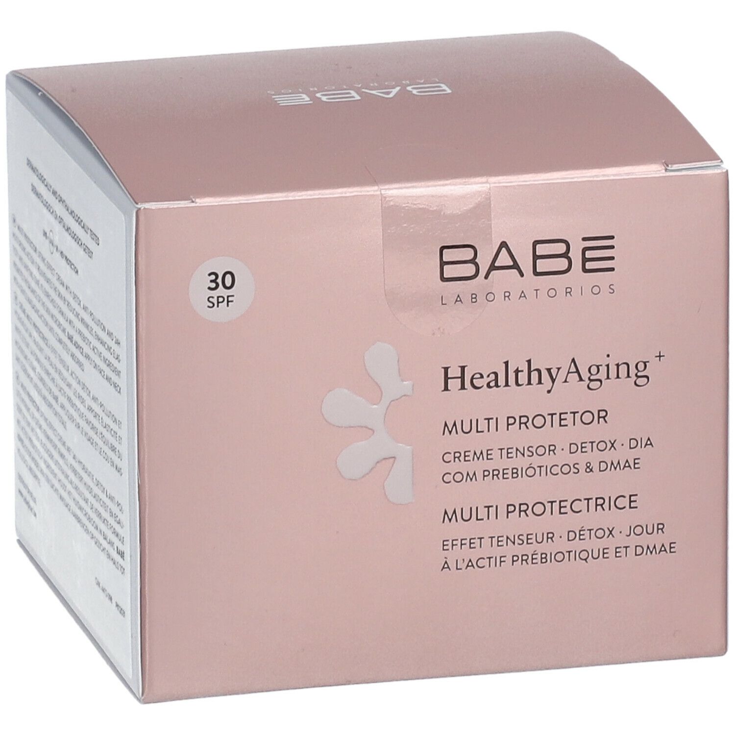 Roze verpakking met productinformatie. BABÉ Laboratorios logo, HealthyAging+ Multi Protector Crème, SPF30.